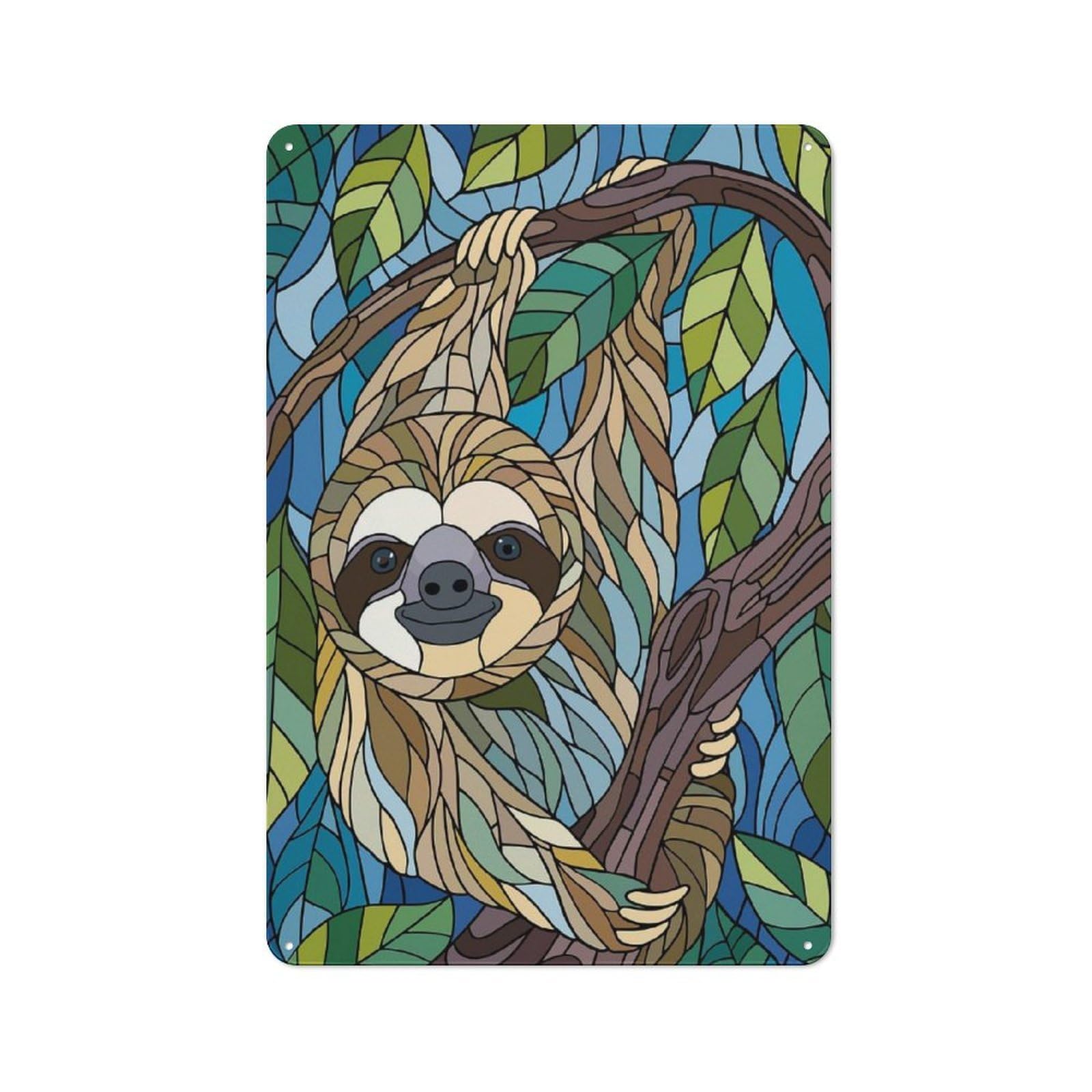 Junmoney Style-9 Stained Glass Sloth In Tree Urban Metal Wall Decor 30X20cm, Industrial Metal Sign For Flat, Bar, Studio Or Gallery Wall