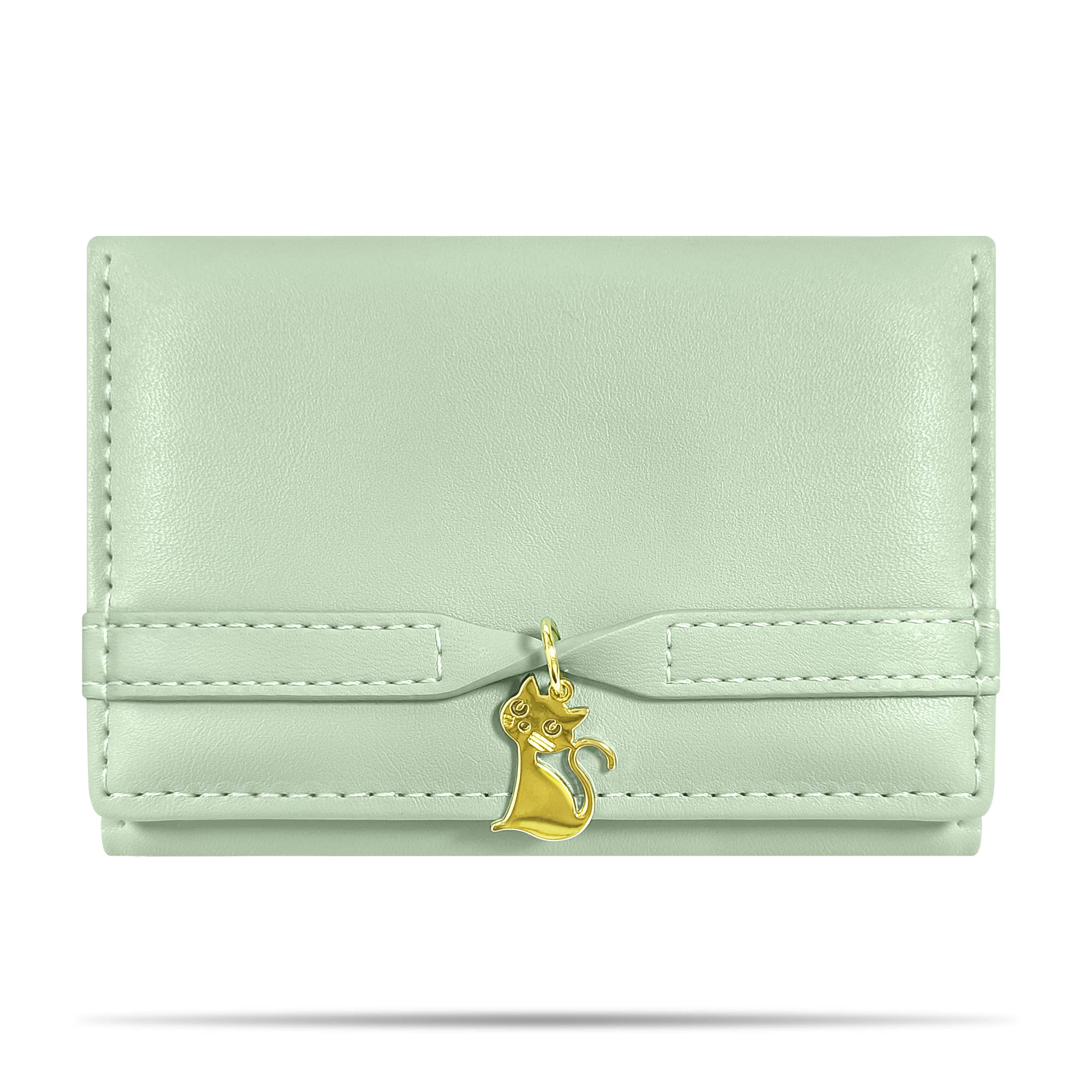 SNCCJ Cute Wallets for Teen Girls, Aesthetic Coquette Trifold Womens Small Wallet with Card Holder ID Window (Cat pendant Green)