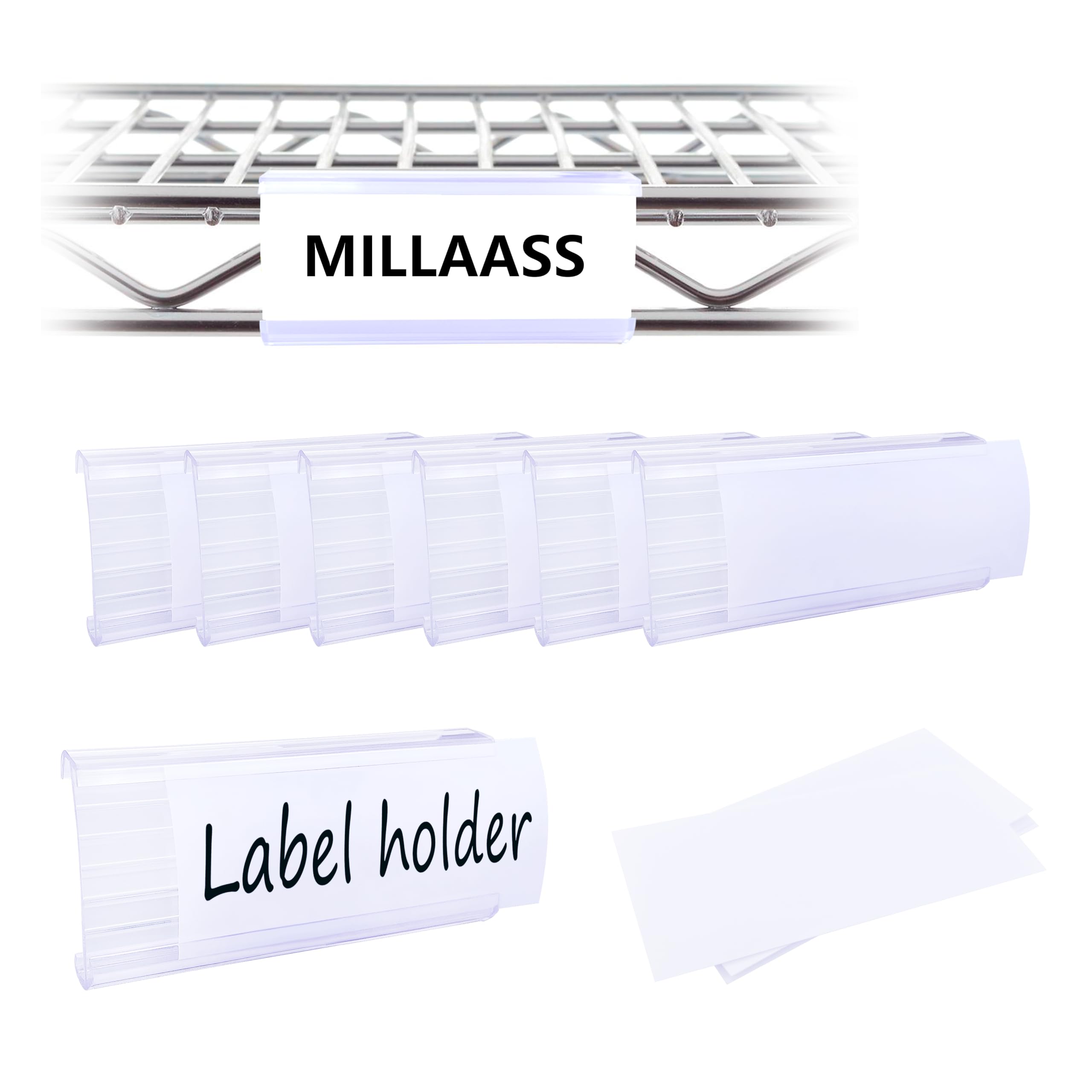Millaass 30Pcs Wire Shelf Label Holders,Plastic Wire Rack Label Holder,Label Area 3in x1.25in,Compatible with Metro and Nexel 1-1/4in Shelf,Label Paper Inserts Included,Shelf Tags Wire Shelving Clips