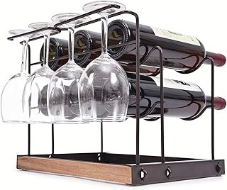 TOOLF Wine Rack 6 Bottles, Countertop Wine Bottles Holder Racks, Metal Copper Wine Glass Holder, Wine Storage Organizer Free Standing, 2 Tier Wine Display Shelves with 4 Wine Glass Drying Rack