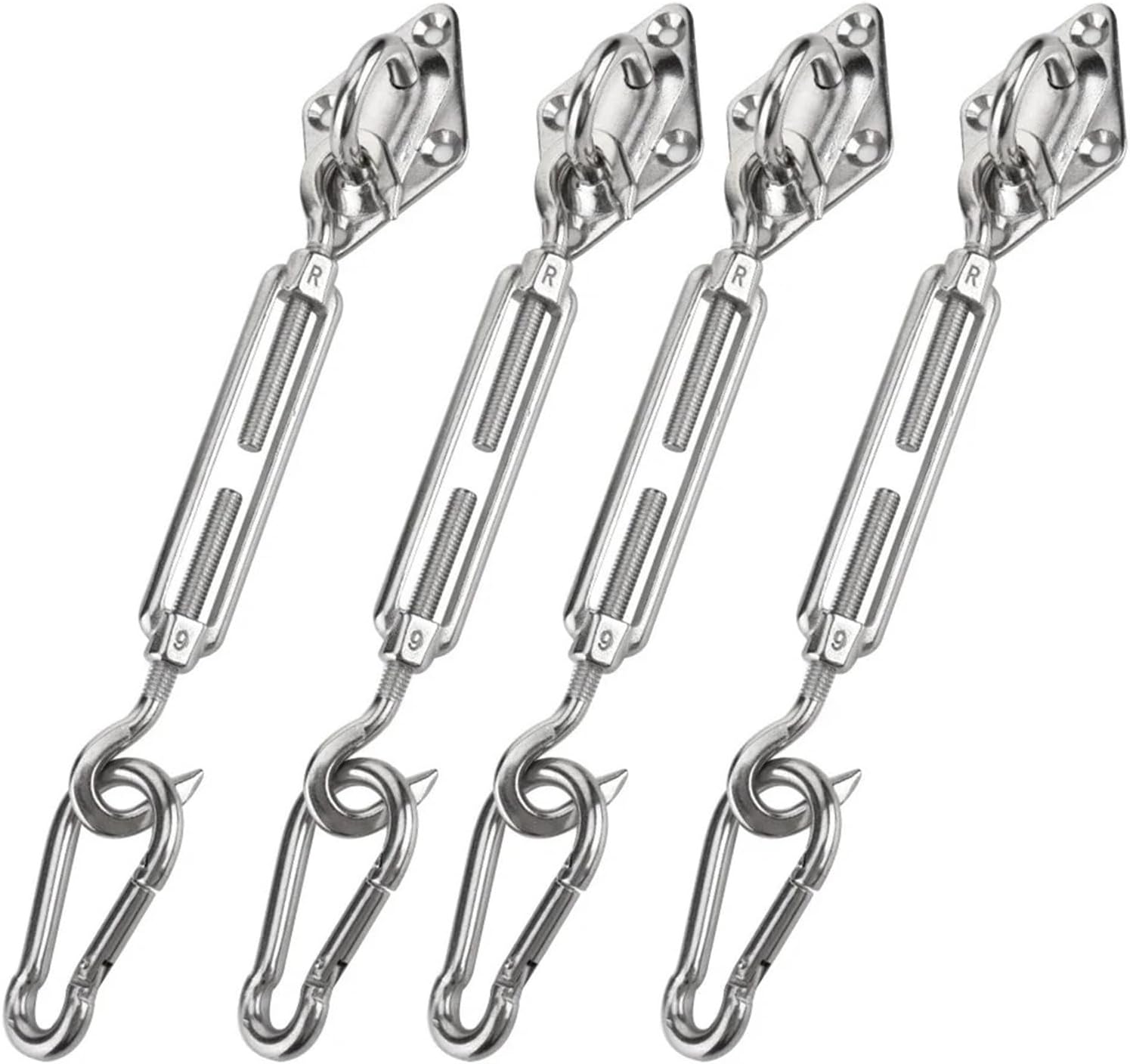 Shade Sail Hardware Kit 4 Pcs Sun Shade Sail Canopy Fixing Accessories Stainless Steel Hardware Kit Turnbuckle Pad Eye Carabiner Clip Hook Screws 6mm