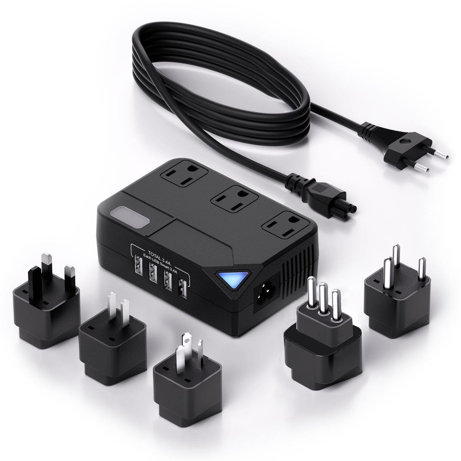 250W Conversion Plug, International Travel Converter with 4 USB Ports, lowering 220V to 110V for 100V-240V Areas and Different Countries Plugs Using US Electrical Devices （White）