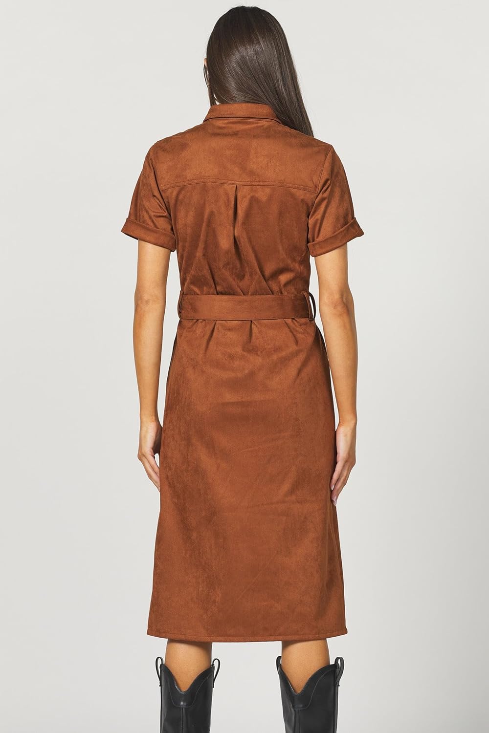 DEAR JOHN Raquel Dress Midi Length Classic Fit Button Front Collared Short Sleeve Self Belted - Image 5