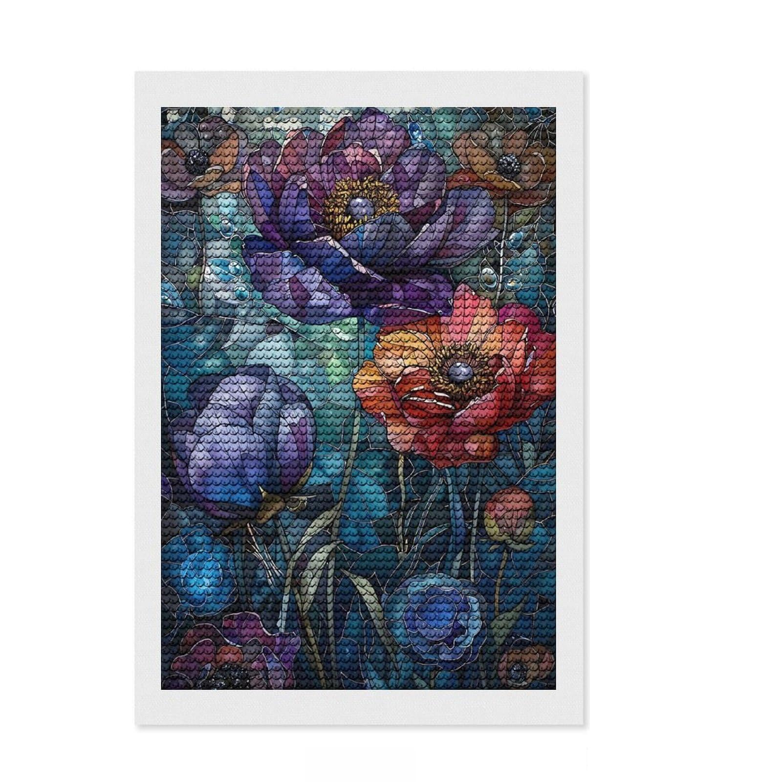 Junmoney Stained Glass Flowers Full Drill Diamond Painting Kit 8"x12", Good for Quiet Evenings, Fun Craft Experience, Living Room Decor, Gift Idea