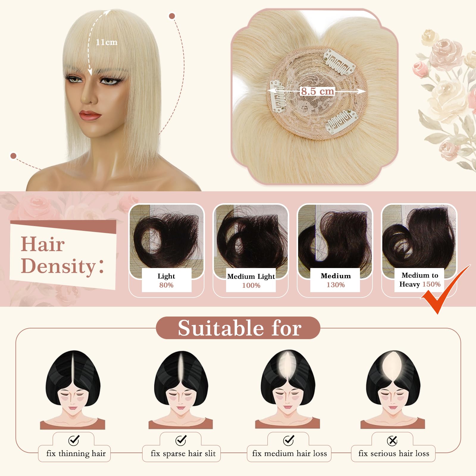 Elailite Hair Toppers for Thinning Hair Women Real Hair with Bangs - Image 3