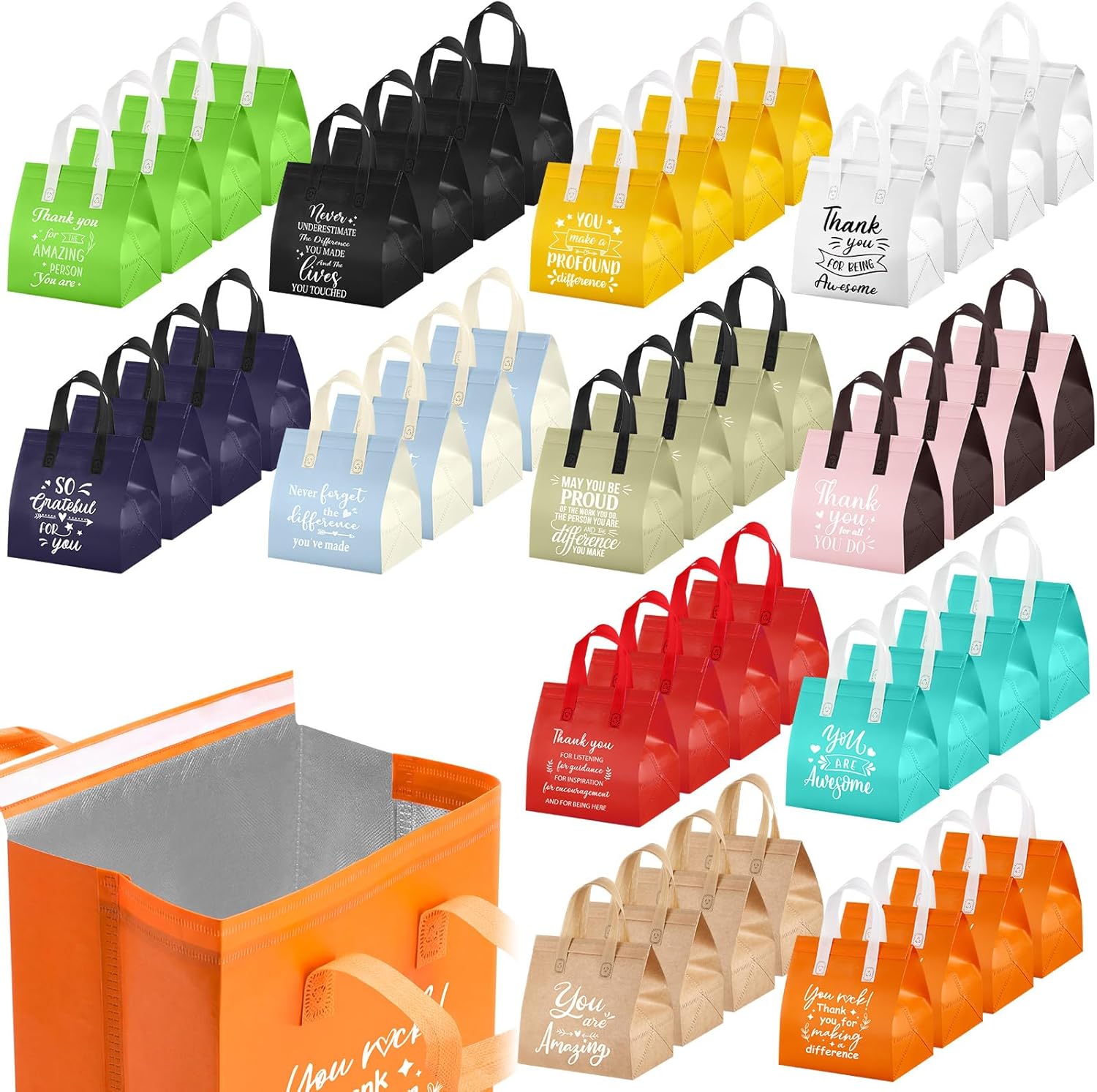 Didaey 48 Pcs Employee Appreciation Gift Bags Bulk Thank You Themed Insulated Bag Colorful Thank You Bags with Handles for Staff, Coworker, Teacher, Volunteer, Party & Team Appreciation Gifts