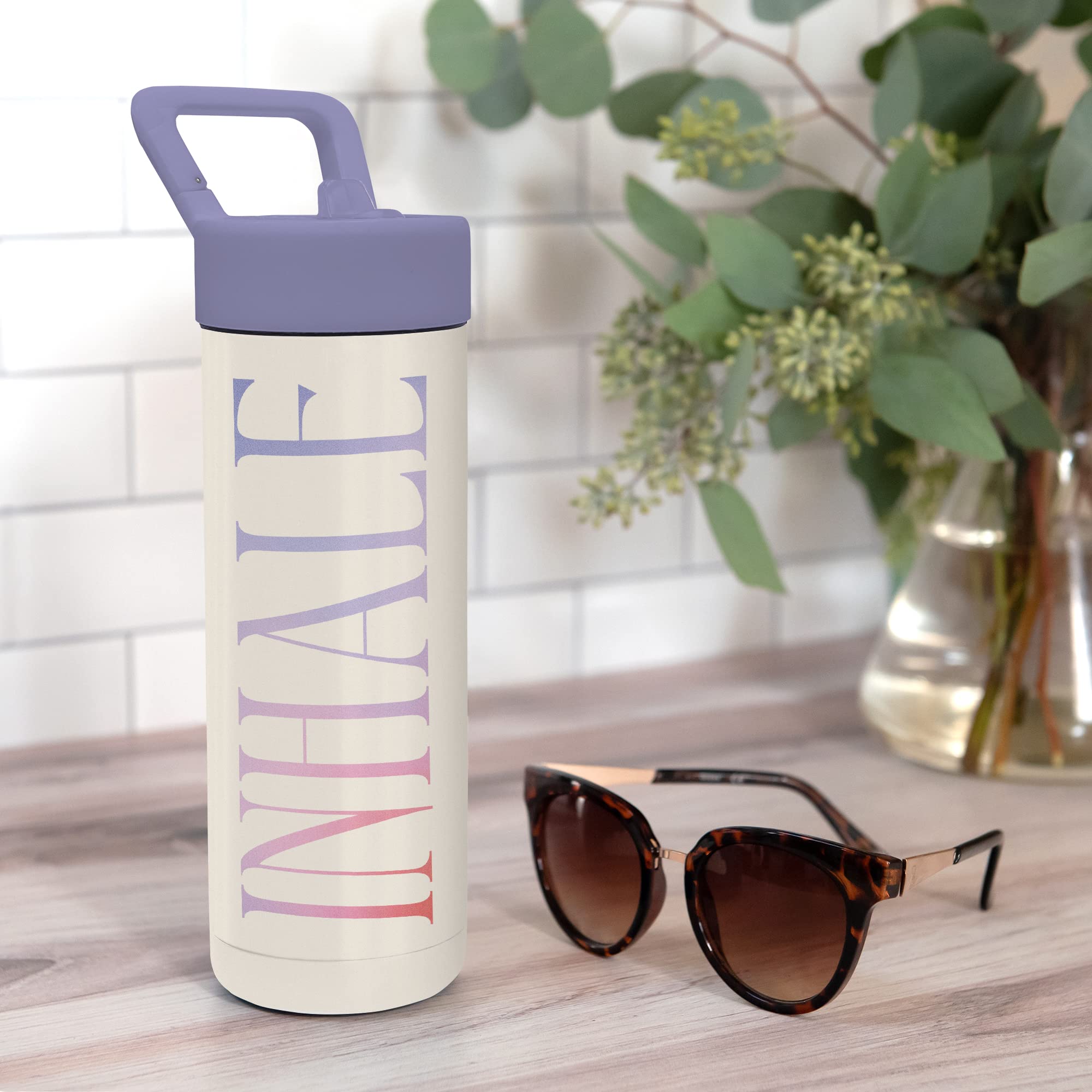 Studio Oh! Inhale Exhale Isolierte Wasserflasche mit Strohhalm, doppelwandige Edelstahl-Wasserflasche, 590 ml