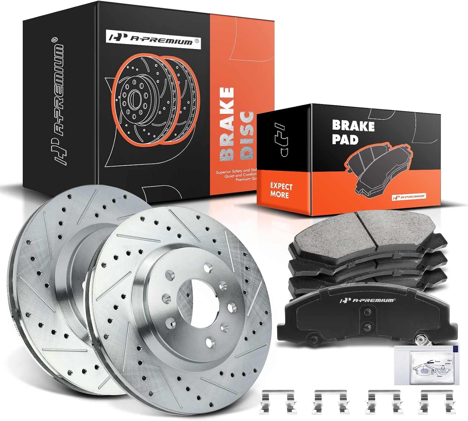 A-Premium 11.93 in (303mm) Front Drilled and Slotted Disc Brake Rotors + Ceramic Pads Kit Compatible with Select Buick and Chevy Models - Lucerne 06-11, Impala 06-13, Impala Limited 14-16, Monte Carlo