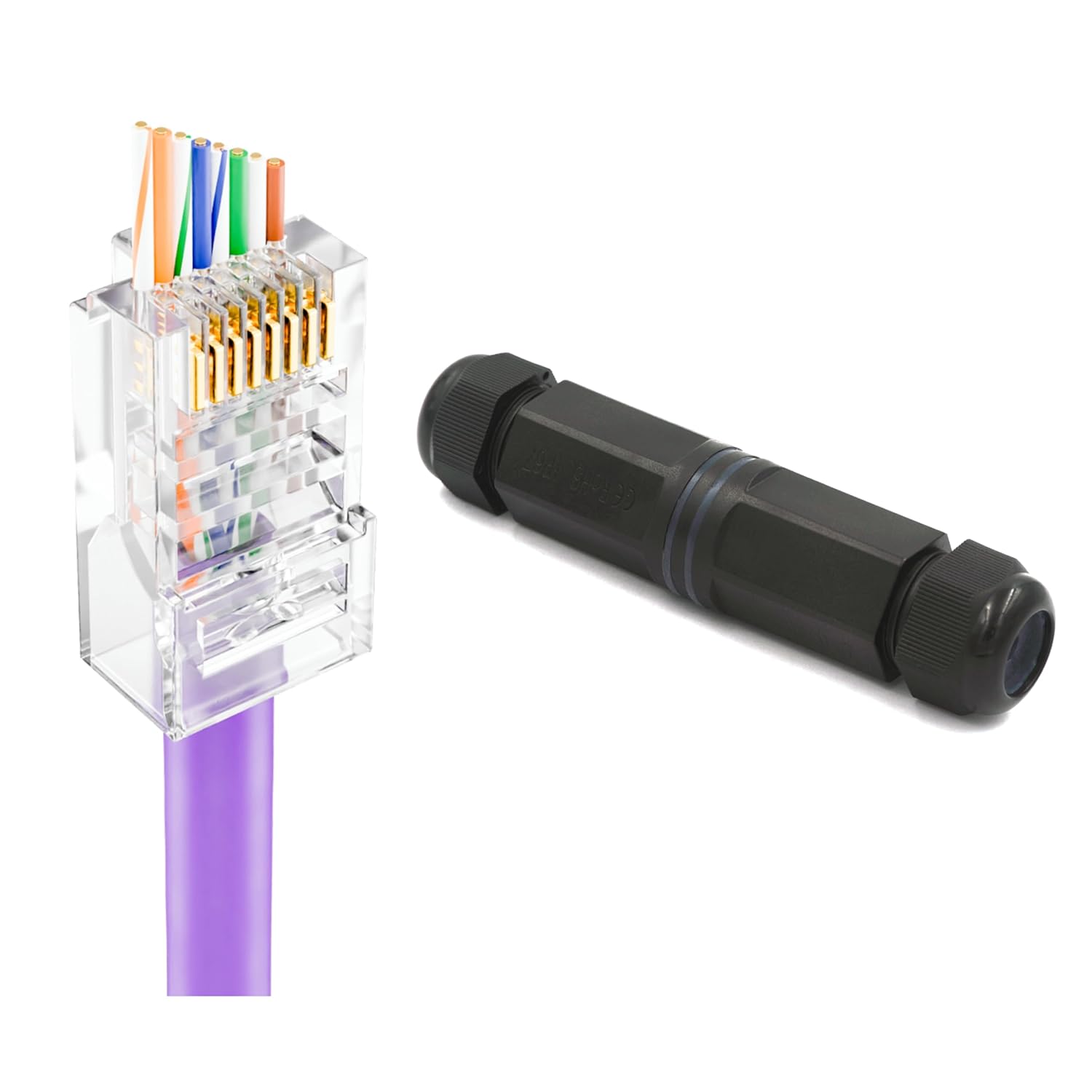 VCE 100-Pack CAT5E Pass Through Modular Plugs Bundle with 5-Pack IP68 Waterproof RJ45 CAT6 Female to Female Couplers
