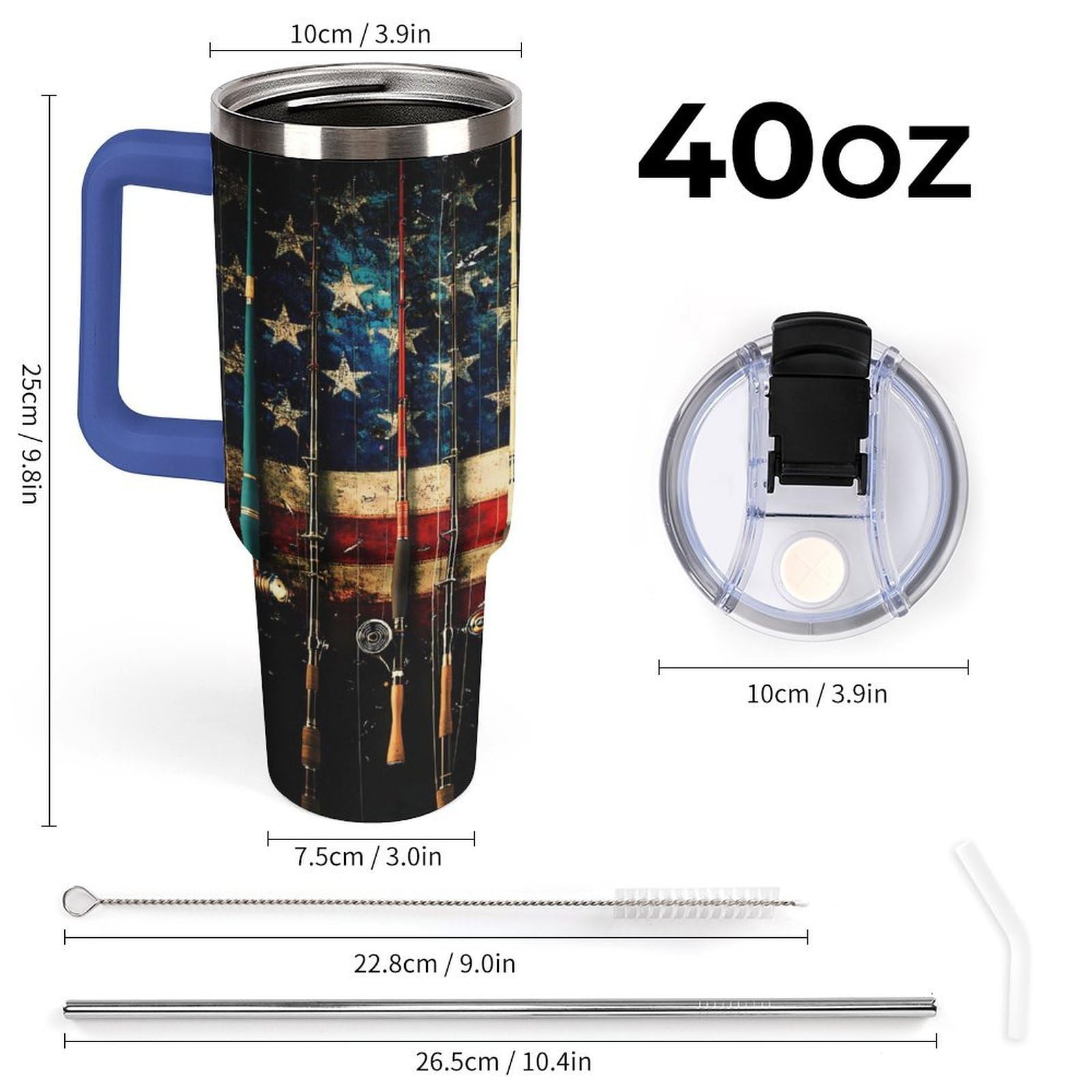 Becher mit Griff und Angelrute mit USA-Flagge, 1,2 l, Reise-Kaffeebecher, großes Fassungsvermögen, Autobecher, Wasserflasche