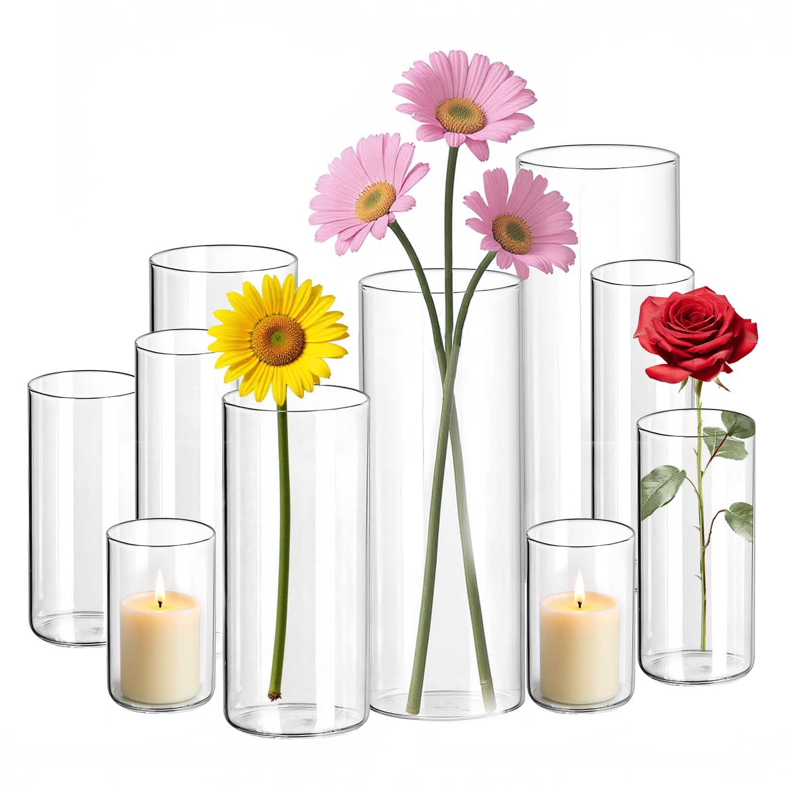 Set di 10 vasi in vetro per candele, vasi in vetro per decorazione da tavolo, vaso grande, mini vasi, vaso a tulipano, cilindri in vetro per candele, casa, matrimonio, centrotavola, festa