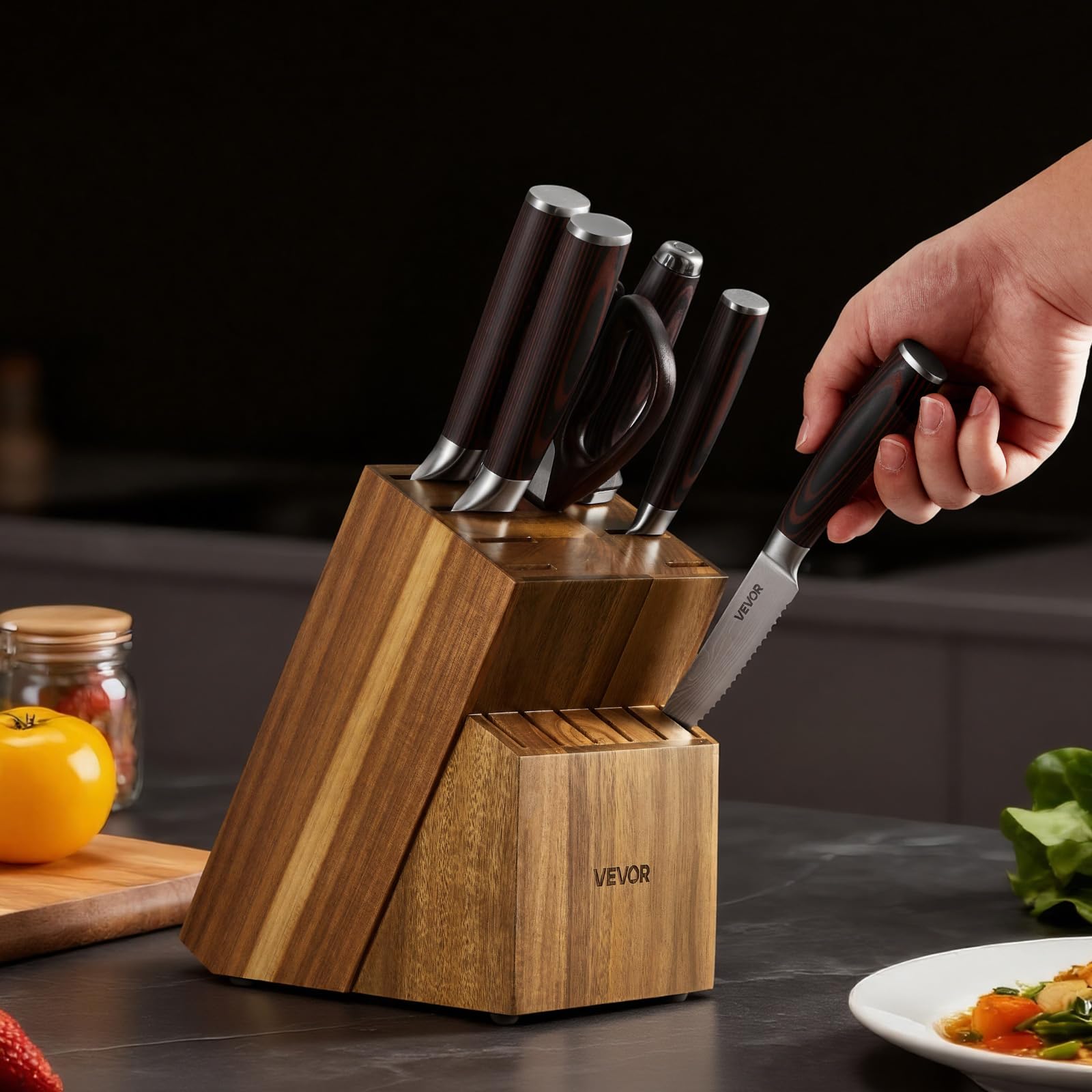 VEVOR Juego de Cuchillos de Acero Inoxidable de Alto Carbono, con Bloque de Madera y Afilador, 15 Piezas, con Mango Ergonómico, para el Hogar, Diseño con Bordes Redondeados, 131 x 195 x 345 mm