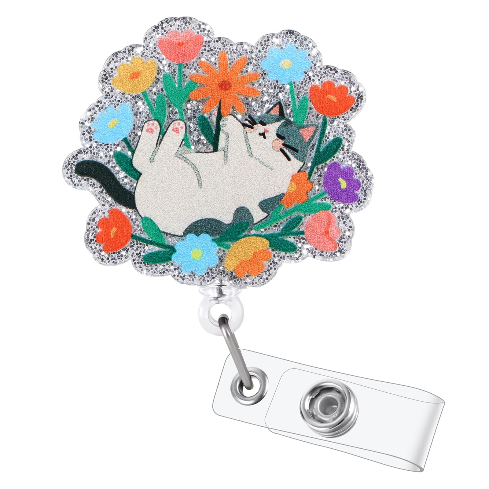 Cute Cat Floral Nurse Badge Reel, Retractable ID Card Cat Lover Badge Holders, Medical Work Badge Clip for RN LPN MA Pediatric Rehabilitation Department Therapists Physician Psychologist Psych