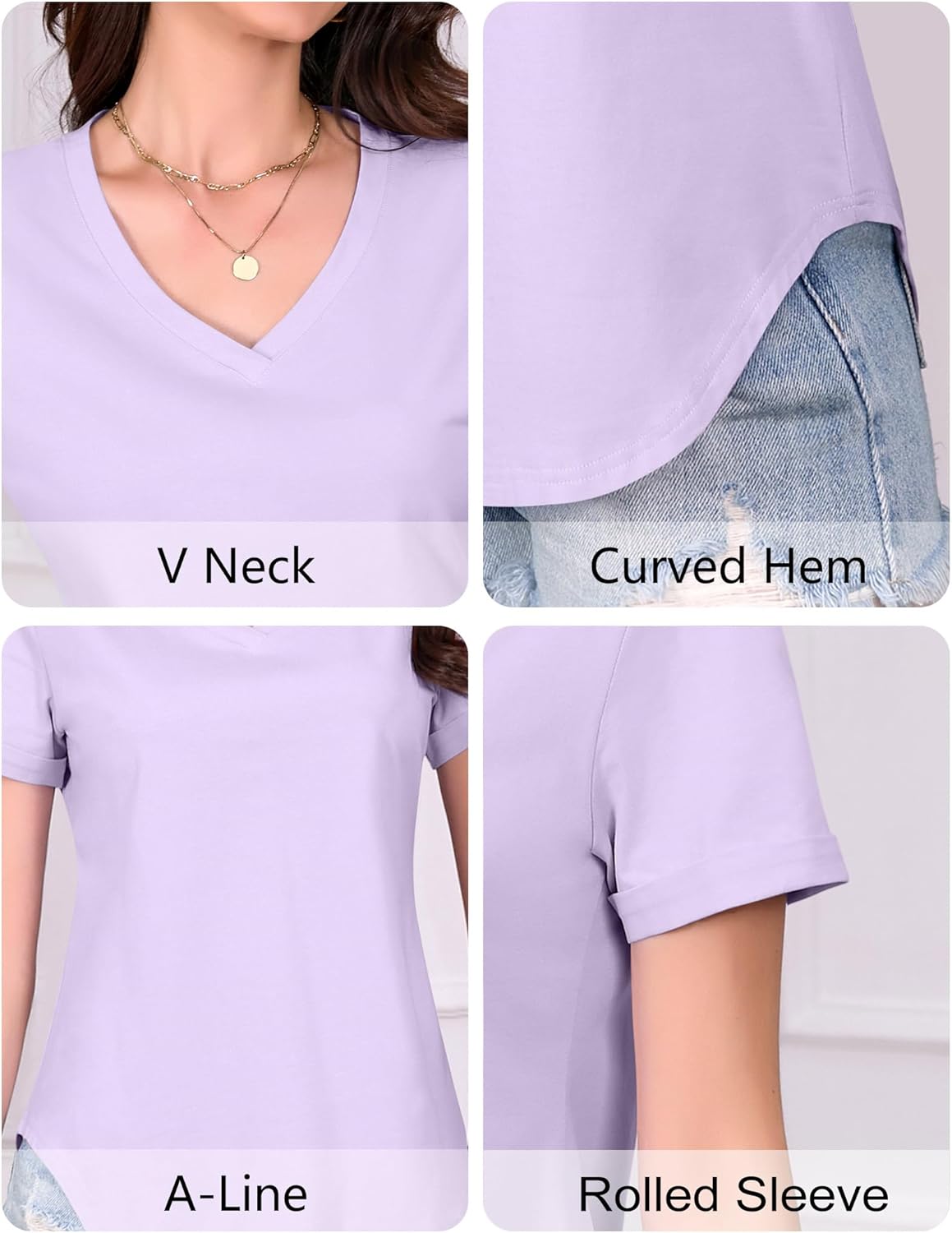 Beluring Women's V Neck Cotton T-Shirts Summer Short Sleeve Curved Hem Tops - Image 3