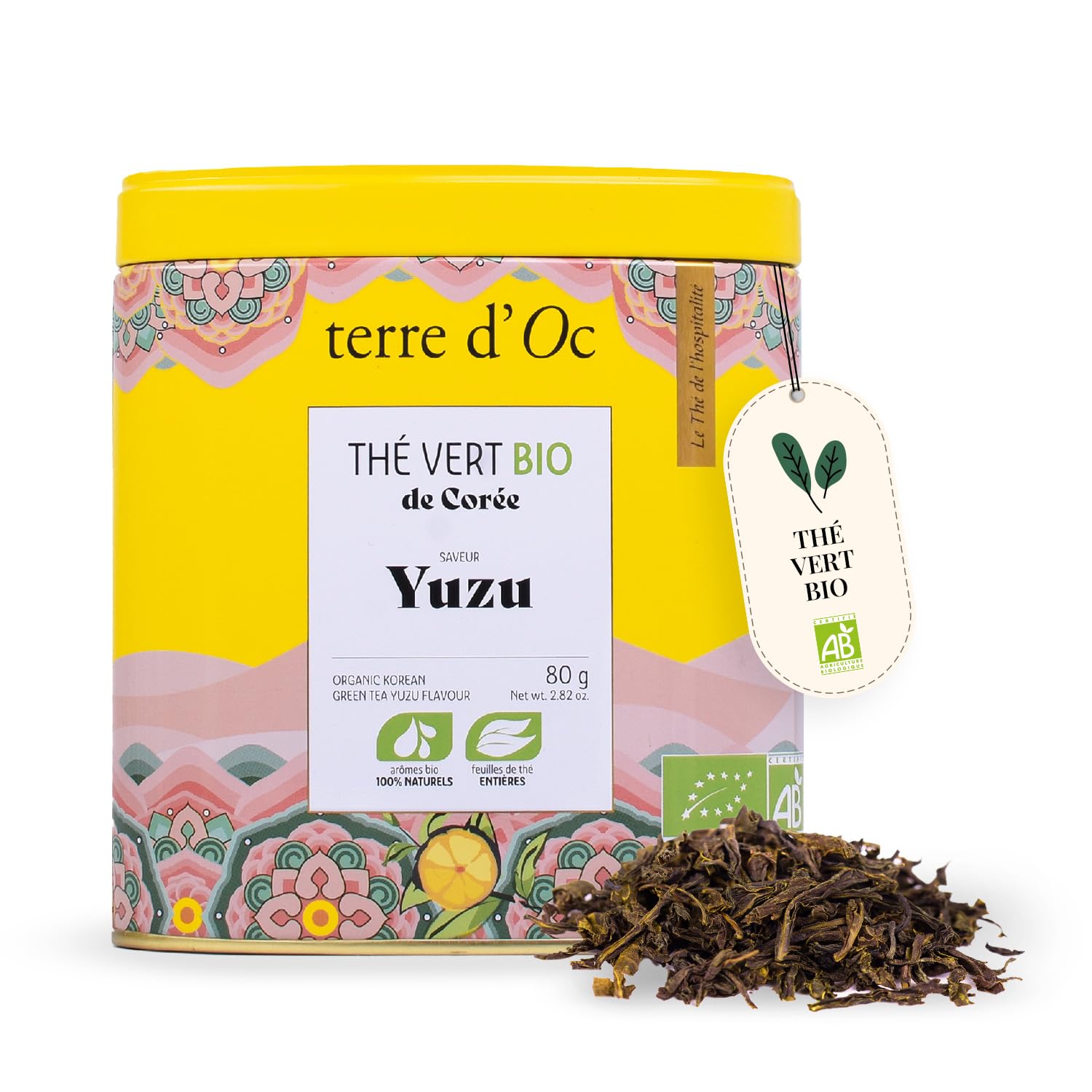 Terre d'Oc - Thé Vert Bio Daejak - Corée du Sud - Saveur Yuzu - Boite en métal - Feuille en Vrac - Idée Cadeau Homme et Femme - 80g
