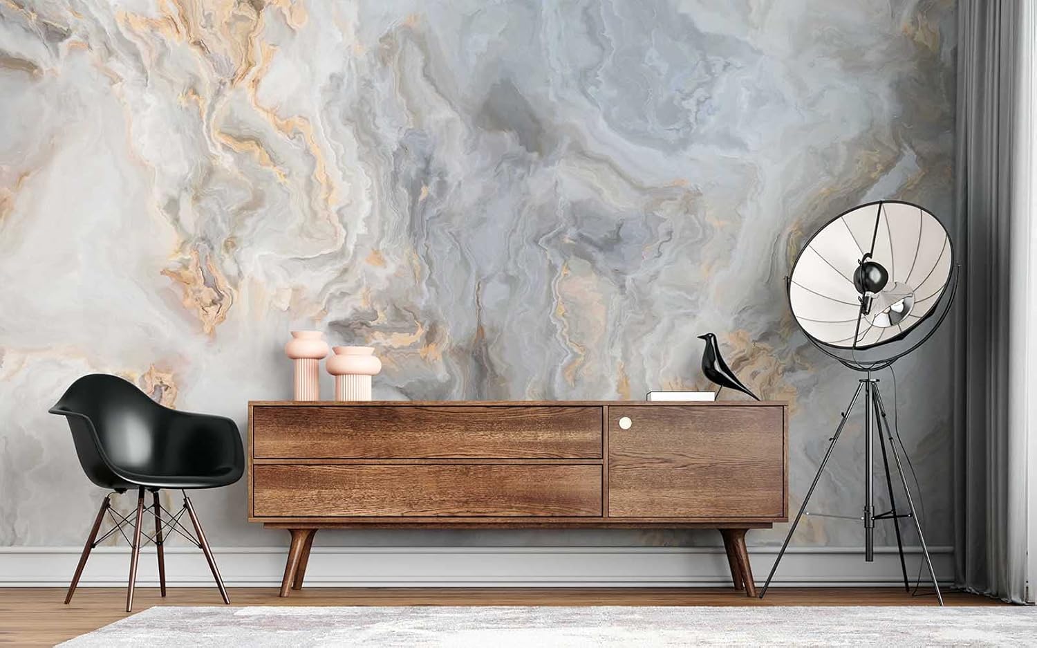 White Marble Pattern Curly Grey Golden Look Abstract Peel and Stick Wallpaper Wall Decoration Removable 100''H x 150''W
