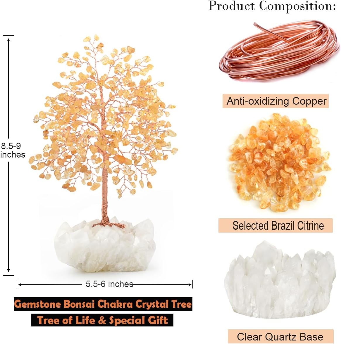 Gemstone Crystal Tree of Life,Natural Citrine with Row Clear Quartz Base,Chakra Healing Crystals Positive Energy Fengshui Decor Bonsai Money Tree,Home Decor Gift Height 8.5-9 Inches - Image 3