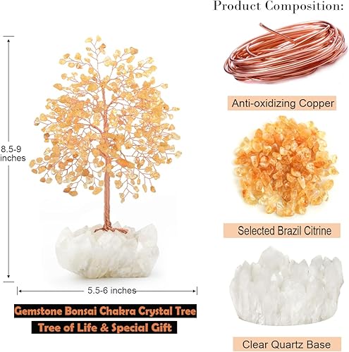 Miniatura 4 de MASGEMES Árbol de la vida con piedras preciosas, citrino natural con base de cuarzo transparente de fila, cristales curativos de chakras, energía