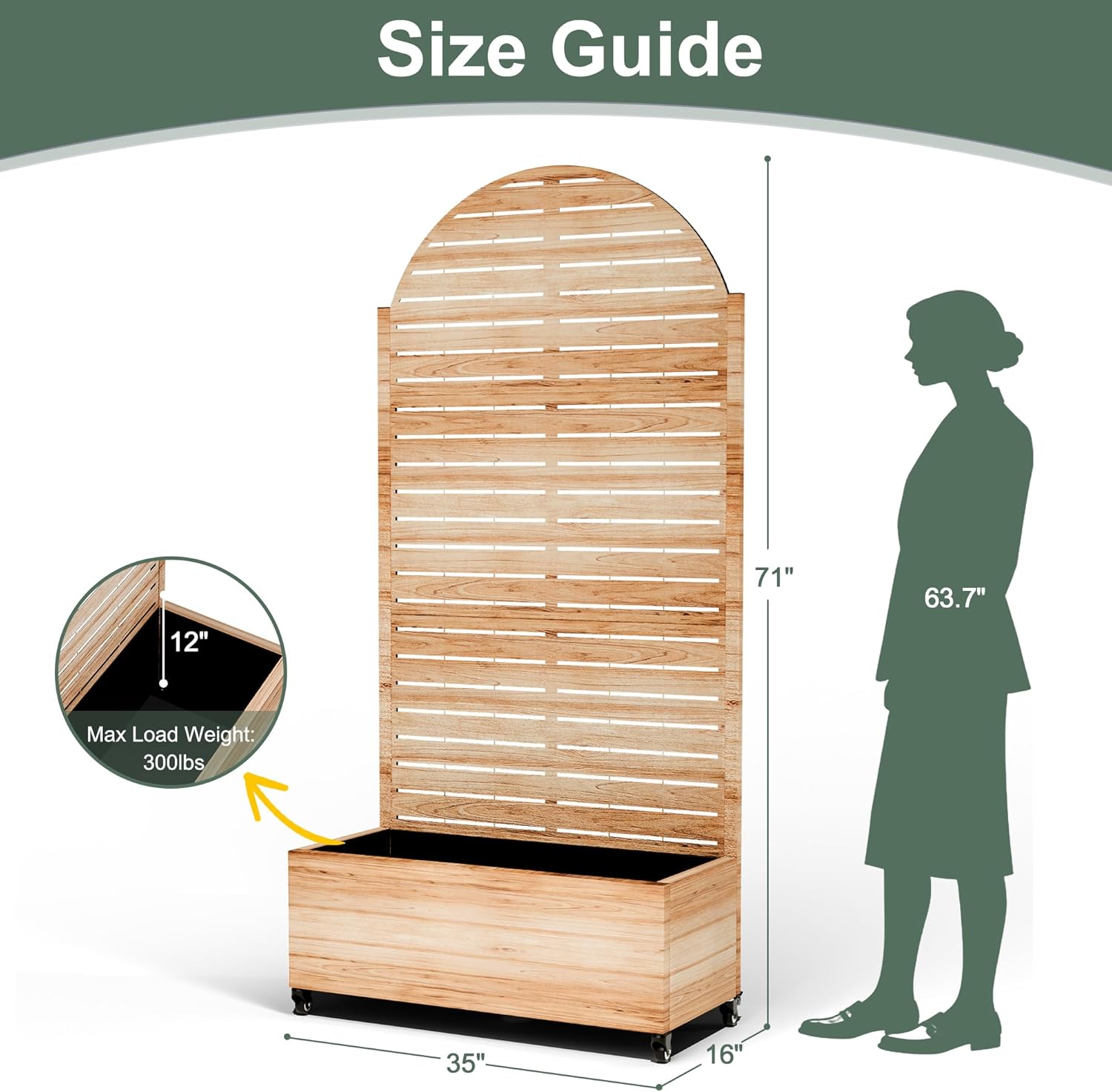 Metal Planter Box with Trellis for Patio, Privacy Planter with Trellis, Standing Planters Boxes with Privacy Screen, Drainage Holes for Climbing Plants (35" L, Arch White Wood Grain)