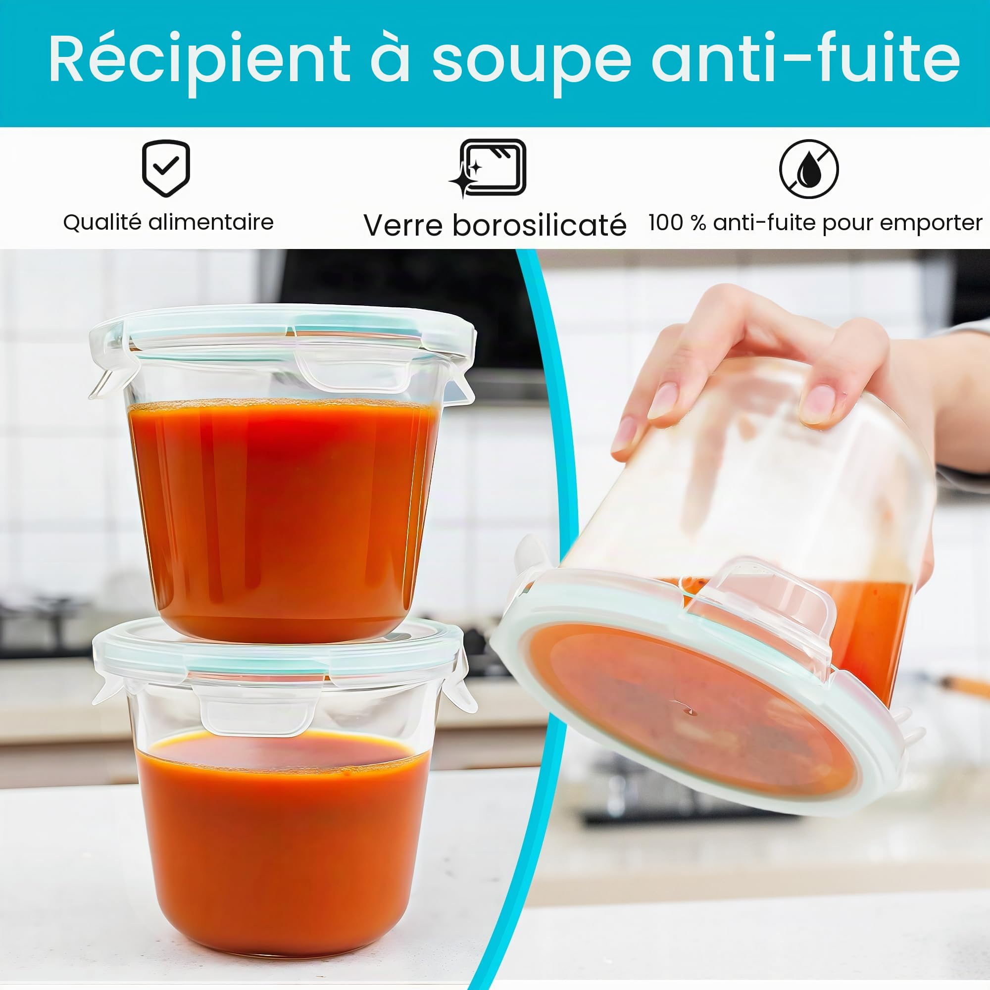 Vtopmart Lot de 6 récipients à soupe en verre de 3 tasses, récipients de congélation avec couvercles hermétiques, bocaux de conservation en verre pour salade, fruits, déjeuner, restes, sans BPA