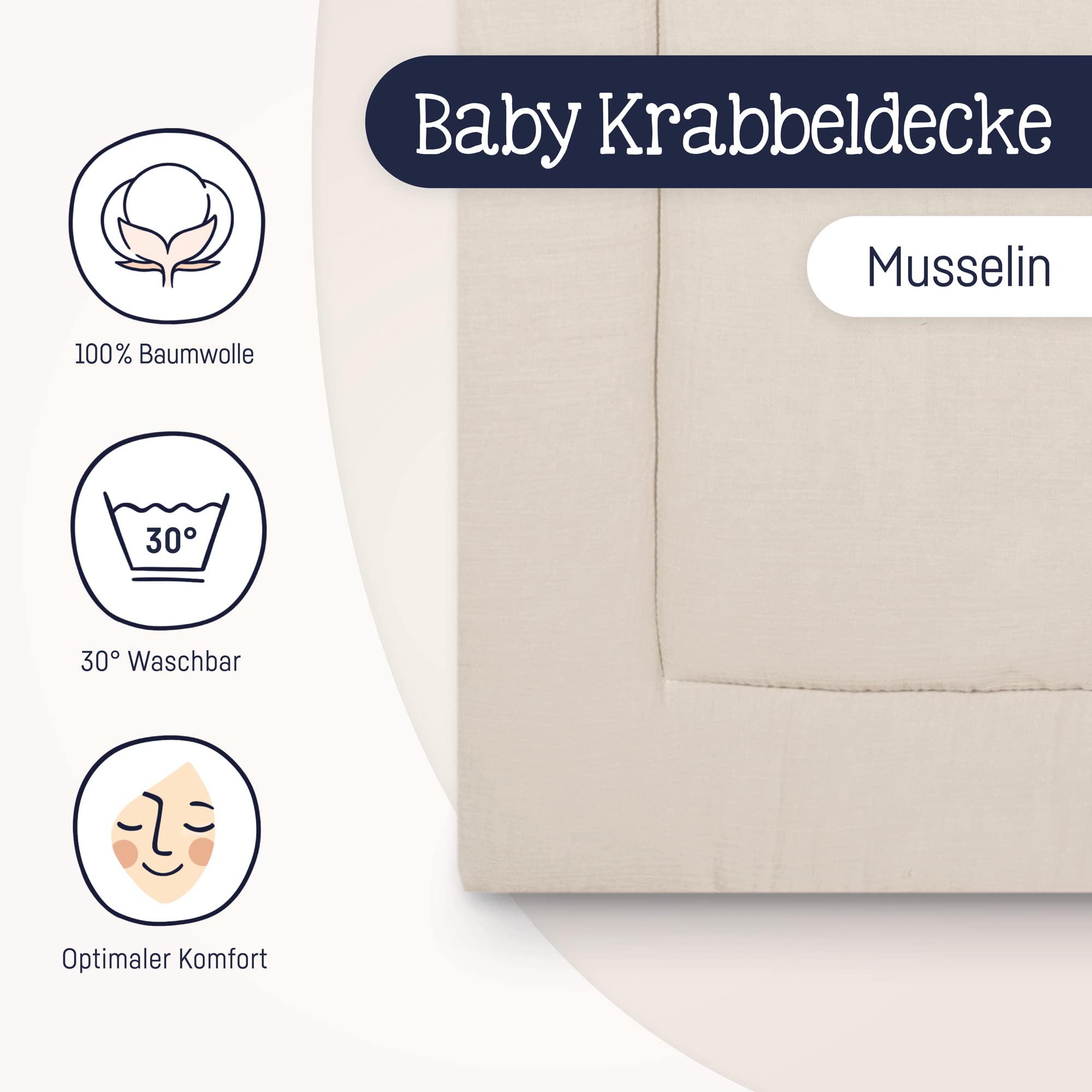 Julius Zöllner muślinowy koc do raczkowania, rozmiar 95 x 135 cm, wyprodukowano w Niemczech, 100% muślin bawełniany, certyfikat Öko-Tex® Standard 100, piaskowy