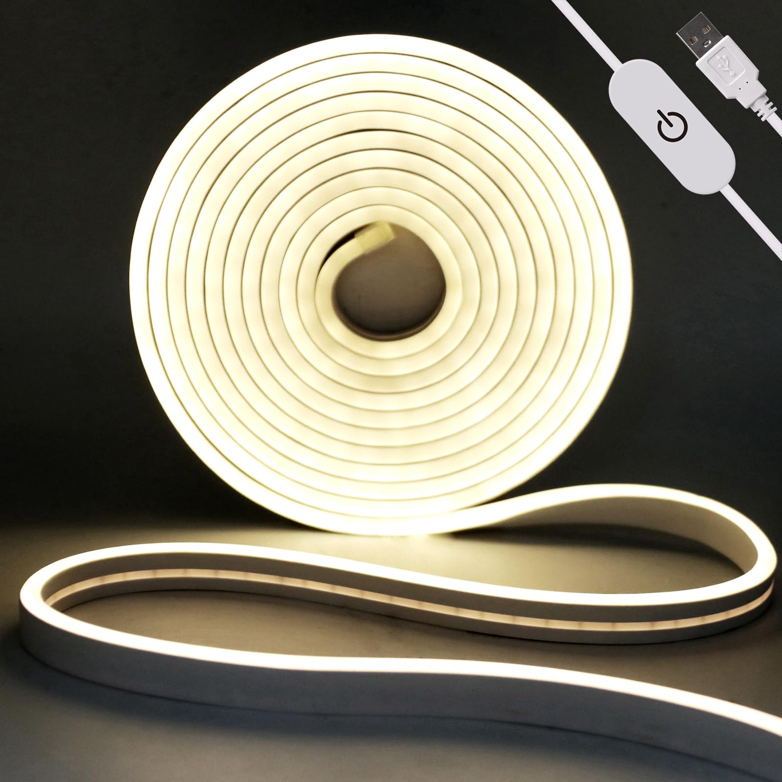 KAFULA DC5V Dimmable LED Neon Light Strip, USB Powered, 120 LEDs/m 2M Natural White 4000K Silicone LED Light Strip CRI85+, IP65 Waterproof Flexible, Home DIY Lighting Decoration