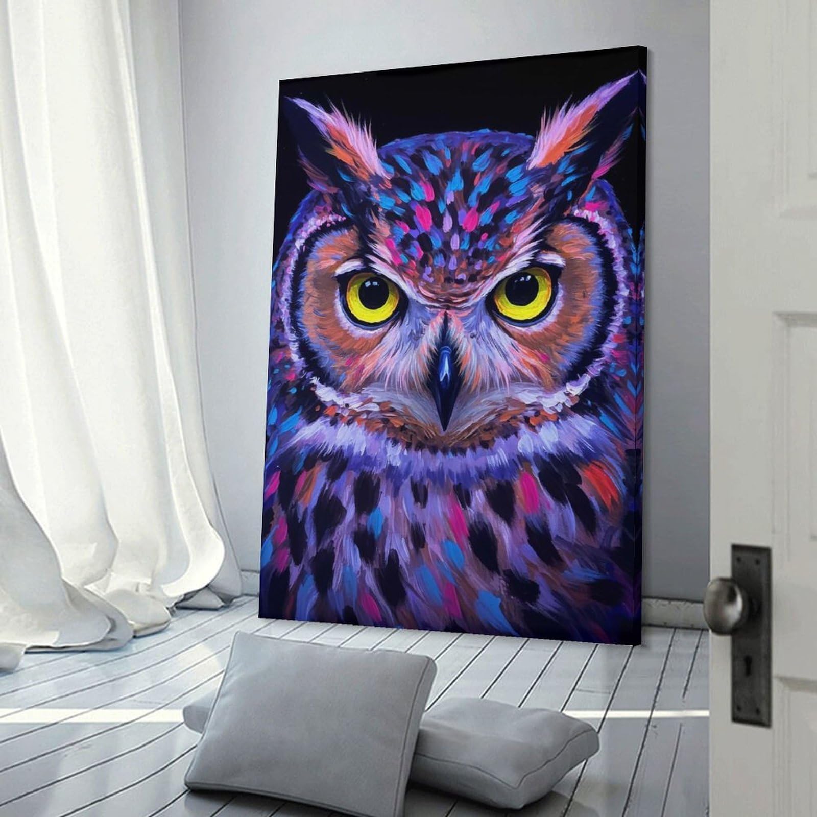 Junmoney Frame-Style-6 Wall Picture Print Colorful Owl Portrait, 08X12inch(20X30cm), For Contemporary Homes, Apartments Or Offices, Decorative Canvas Decor For Home Updates