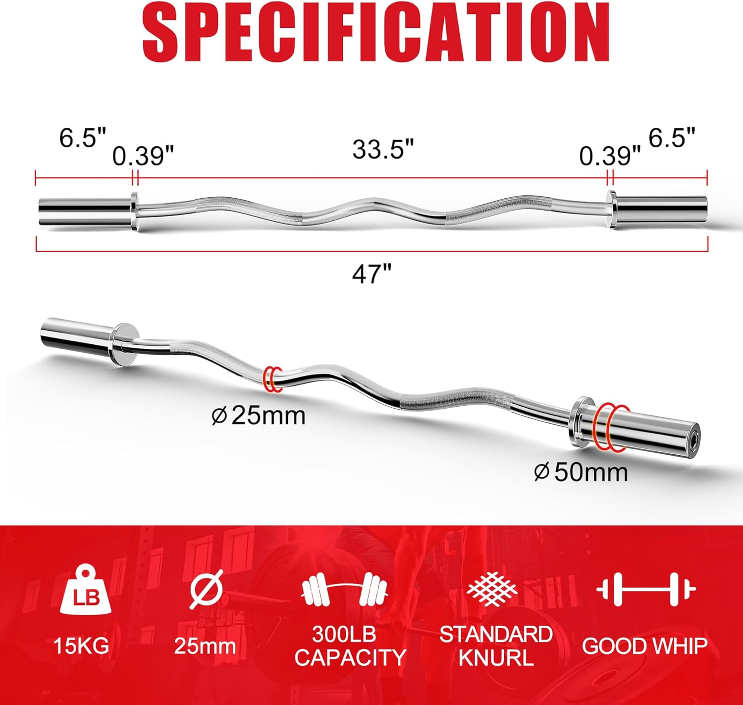 olympic barbell curl bar ez bar strength training bar threaded chrome barbell bar for weightlifting, hip thrusts, squats and lunges sliver/15lbs