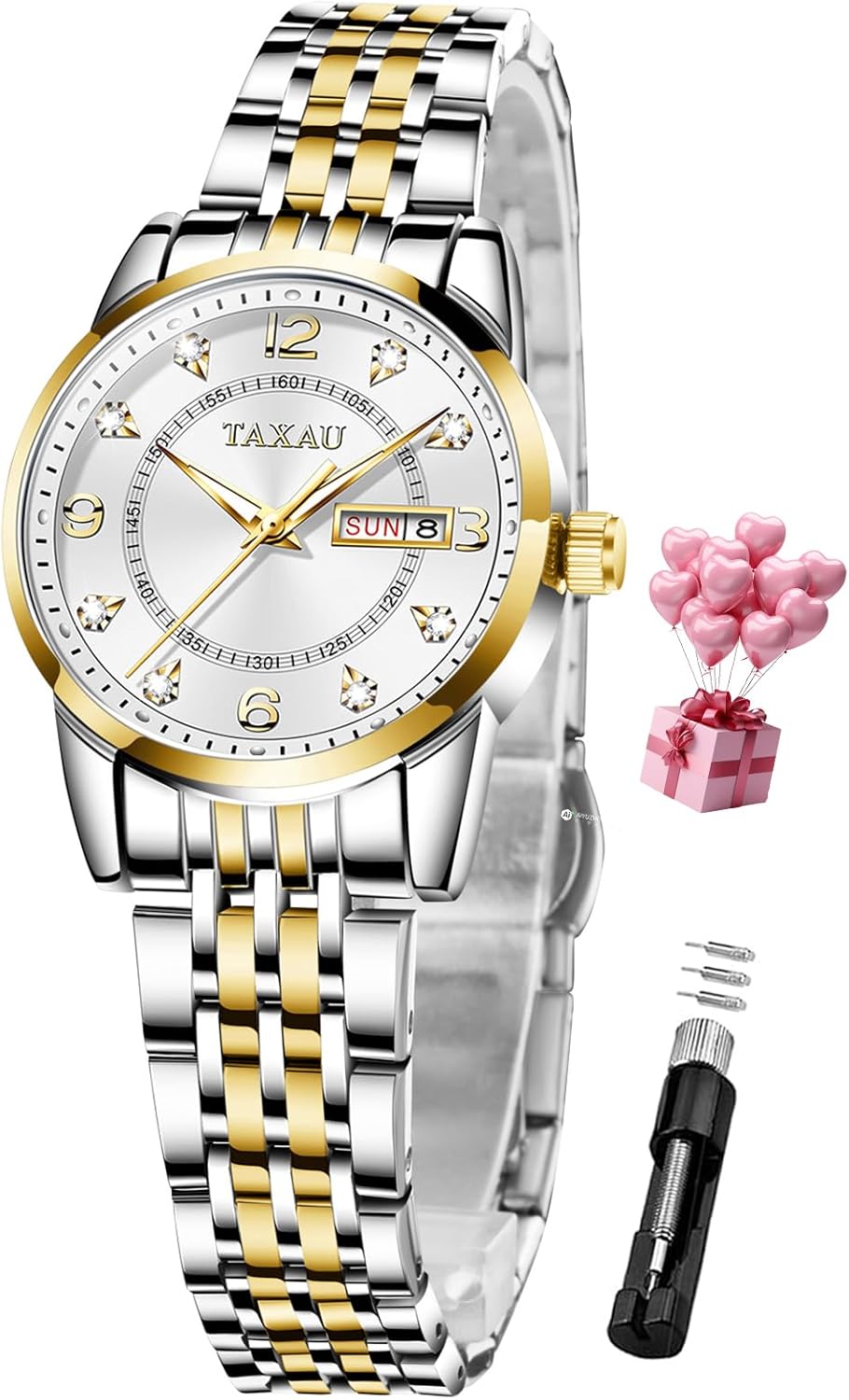 Taxau Womens Watches Dress Waterproof Luxury Stainless Steel Analog Quartz Watches Small Wrist Watch Two Tone Fashion Elegant Lady Watch with Day Date