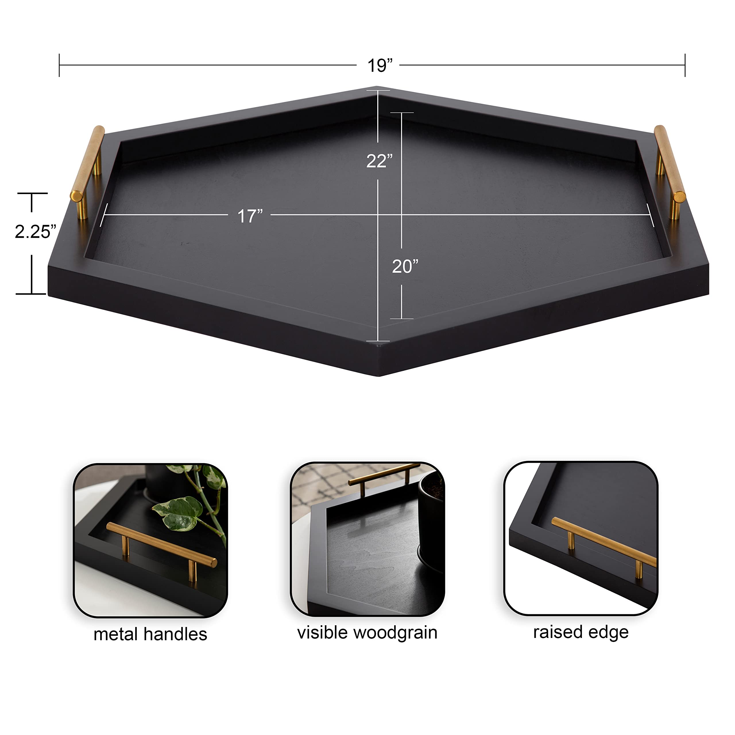 Kate and Laurel Halsey Modern Glam - Bandeja decorativa hexagonal de madera para almacenamiento y exhibición del hogar, 22 x 19 pulgadas, color negro