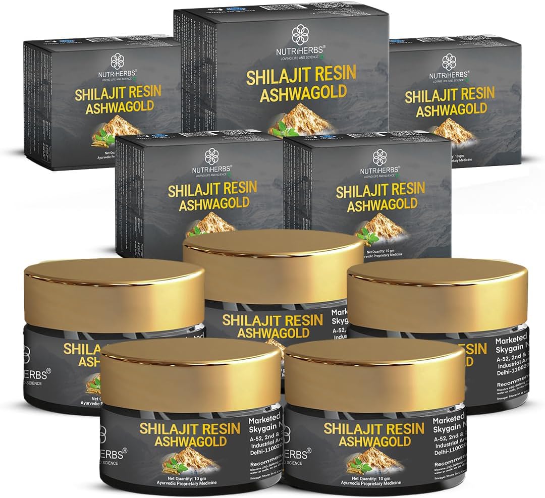 NUTRI HERBS Shilajit Resin Ashwagold 10 G Pure Himalayan Shilajit|Stamina,Energy & Muscle Building Supplement|Ayurvedic Stamina Booster With Ashwagandha & Swarna Bhasma,5 Count,10 Grams