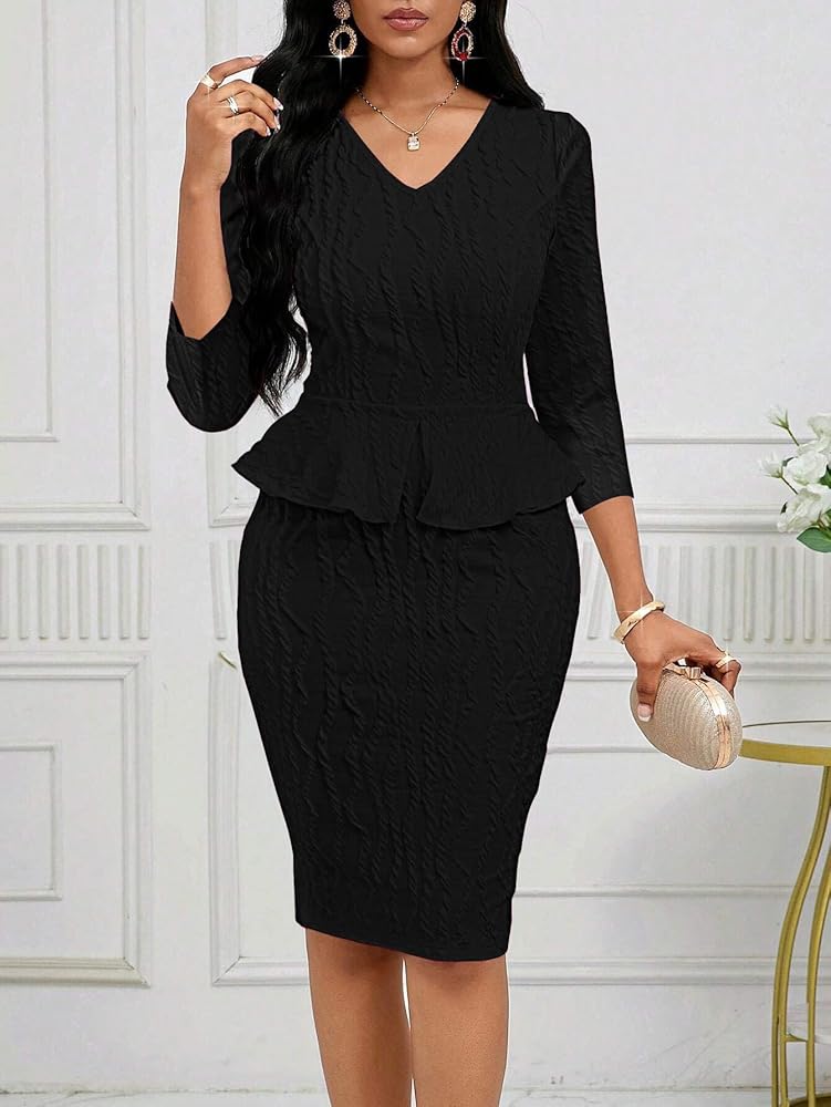 Runwind Peplum Dress for Women V Neck 3/4 Sleeve Wear to