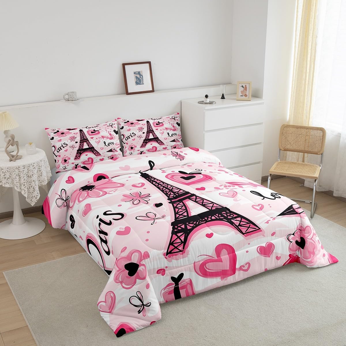 Feelyou Kids Eiffel Tower Comforter Set Twin Size Valentine's Day Bedding Set Boys Girls Love Flower Floral Quilt Set France Paris Romantic City Bed Set