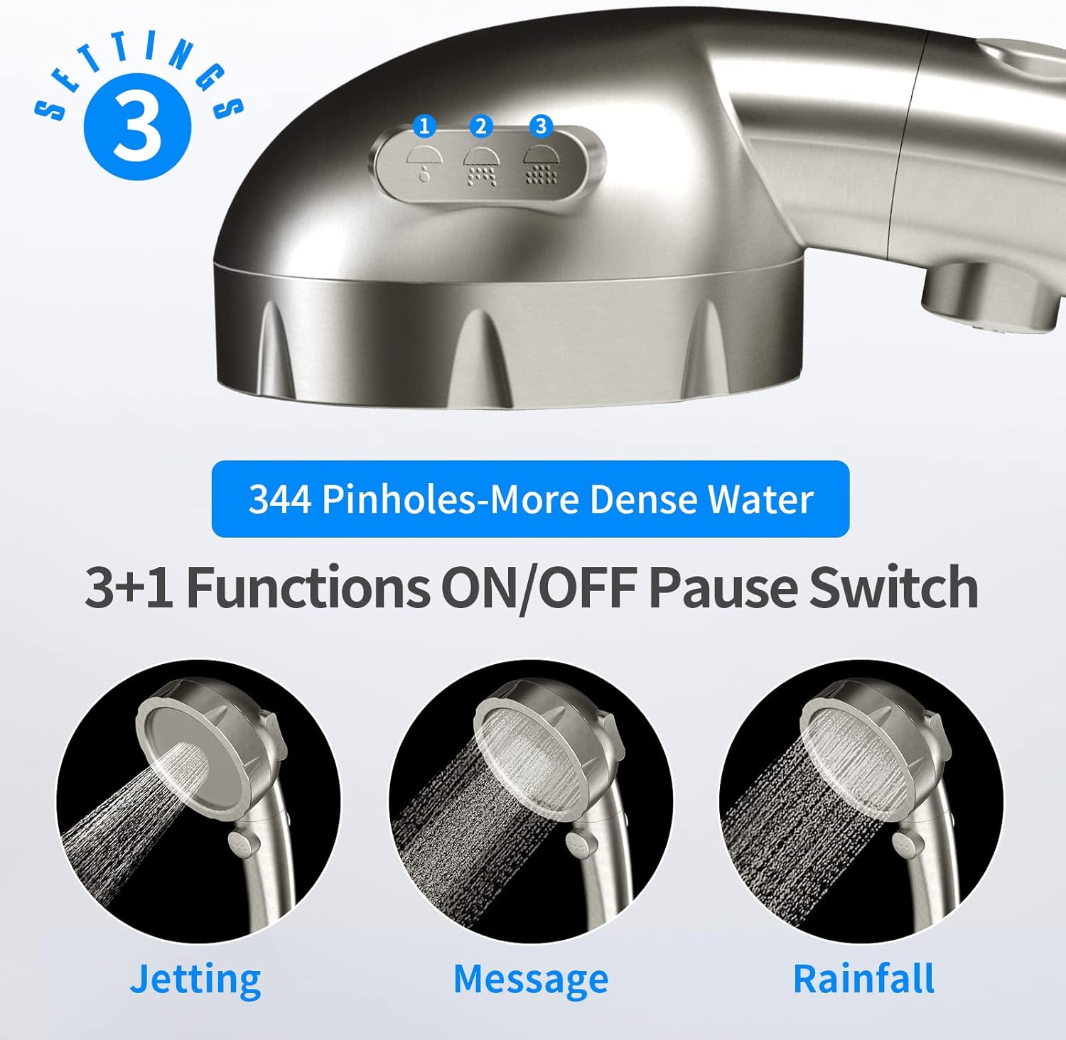 JONKEAN Shower Head with On Off Switch (Brushed Nickel) & JONKEAN 50°Adjustable Shower Head Bracket with Hook (Brushed Nickel, 1 Pack)