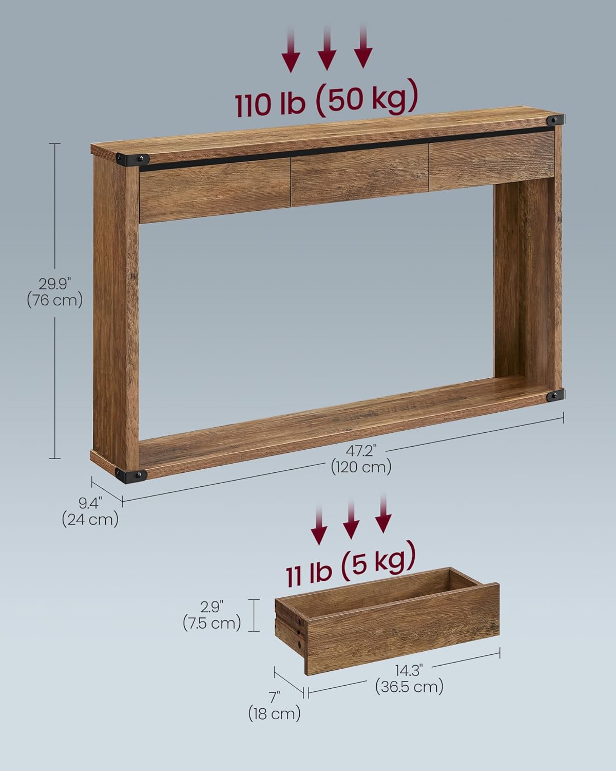 VASAGLE Sofa Console Table, 47.2 Inches Narrow Entryway Table with 3 Drawers, Bottom Shelf, Metal Corners, for Living Room, Bedroom, Farmhouse Style, Honey Brown ULNT143KB01S