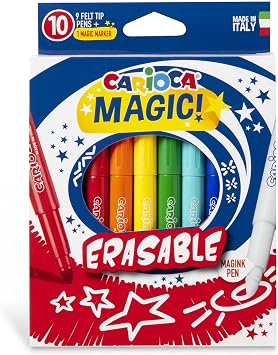CARIOCA Erasable Magic Felt Tip Pens 10-Pack with 9 Color Markers + 1 Magink Eraser Pen, Maxi Tip 6 mm, Non-Toxic Felt Tip Markers, Art & School Supplies, Made in Italy