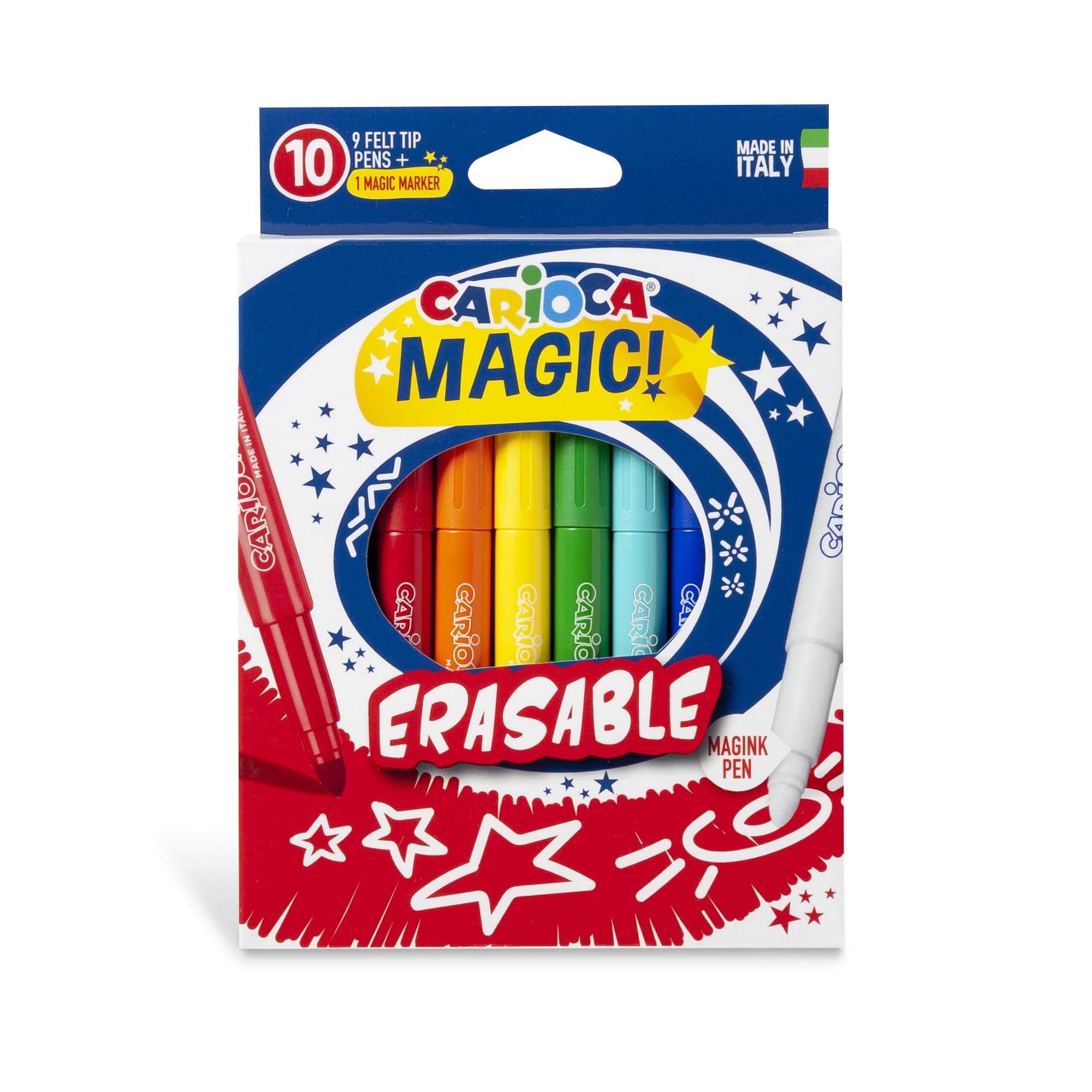 CARIOCA Magic Erasable Colors - Marqueurs à encre magique effaçables, pointe maxi 6 mm - Comprend un marqueur Magink pour effacer d'autres couleurs (boîte de 10 marqueurs)
