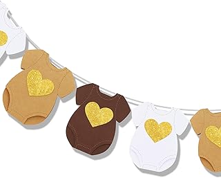 Glitter Brown White Baby Shower Paper Banner Pre-Strung Short-Sleeve Bodysuits Clothesline Garland For Gender Reveal Boy or Girl Baby First Birthday Party Decorations NO DIY(9pcs)