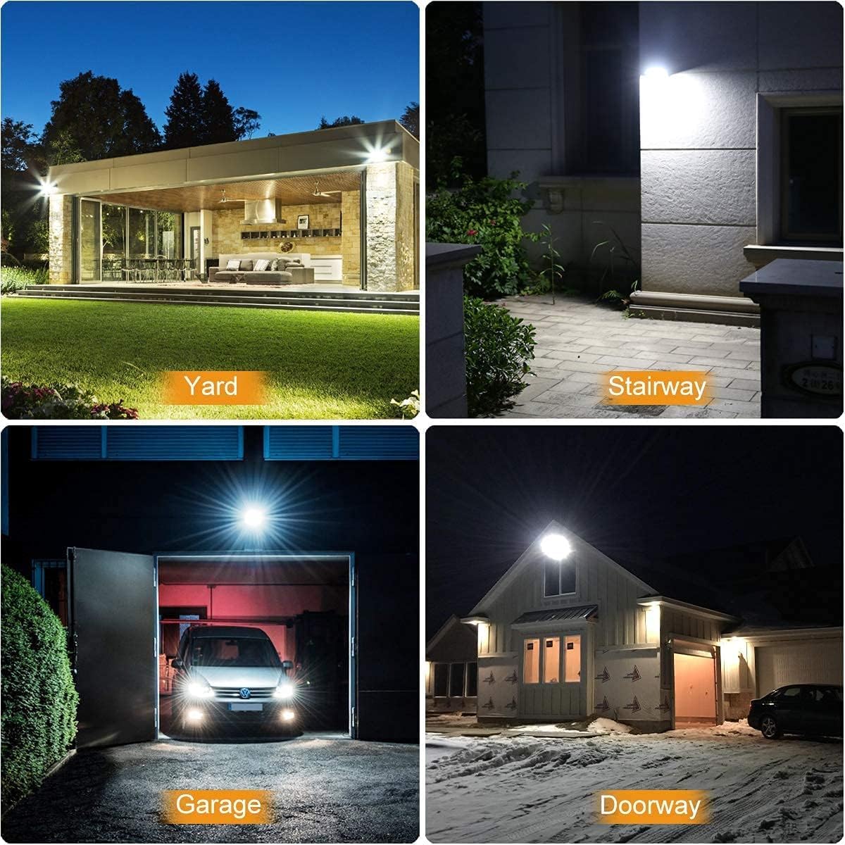 Four images showing the MEIKEE LED Floodlight installed in different outdoor settings: a yard, a stairway, a garage, and a doorway, demonstrating its versatility.