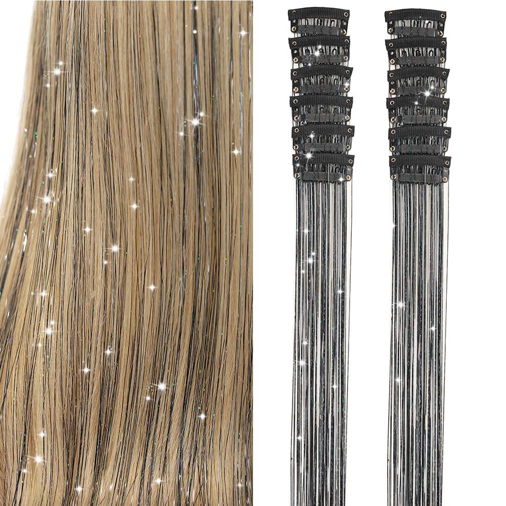 Clip in Hair Tinsel, Pack of 12 Pcs 20 Inch,Glitter Tinsel Hair Extensions, Festival Tinsel Fairy Hair Extension Party Dazzle Hair Accessories Strands Kit for Women Girls Kids(12Pcs,Black)