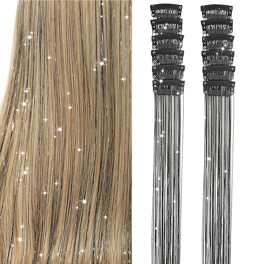 Clip in Hair Tinsel, Pack of 12 Pcs 20 Inch,Glitter Tinsel Hair Extensions, Festival Tinsel Fairy Hair Extension Party Dazzle Hair Accessories Strands Kit for Women Girls Kids(12Pcs,Black#)
