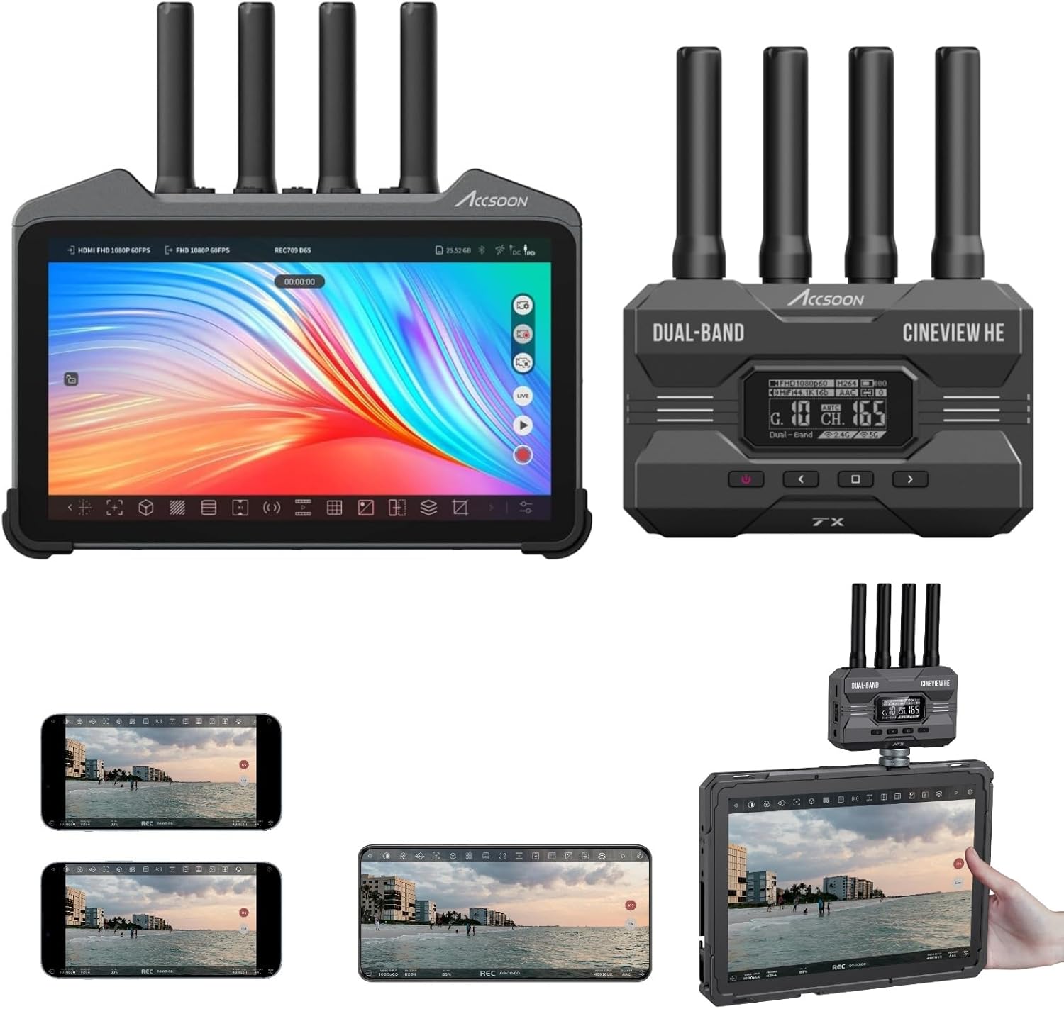 Accsoon CineView M7 Pro Wireless Transmitter Receiver Monitor 7inch 4K60 + CineView HE Wireless Video Transmitter