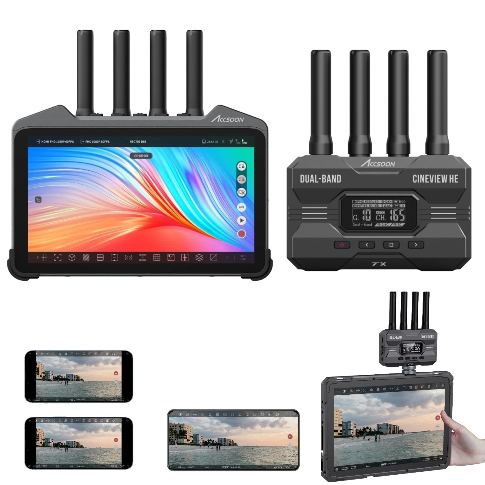 Accsoon CineView M7 Pro Wireless Transmitter Receiver Monitor 7inch 4K60 + CineView HE Wireless Video Transmitter