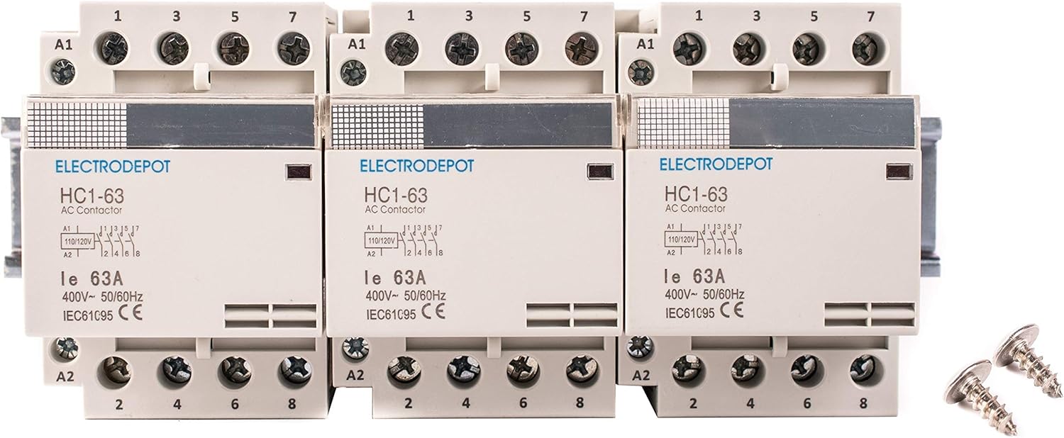 Electrodepot 40 Amp 12 Pole (4 Pole x 3) Normally Open, 110-120VAC Coil (Silent Operation), Motor Load 40A and Lighting Load 63A Contactor Bundle with 8" DIN Rail and 2 Number 10 Screws