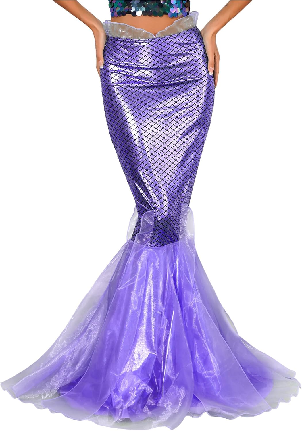 YiZYiF Women's Party Costume Sequins Mermaid Long Tail Skirt with Asymmetric Mesh Panel