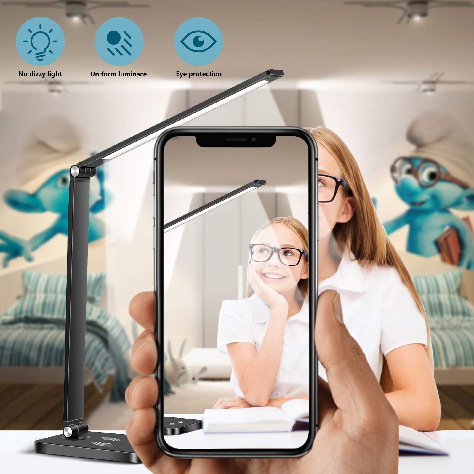 Lampka biurkowa z regulacją jasności LED, lampka z funkcją ładowania, USB, sterowanie dotykowe, lampka z timerem, ściemniana 5 kolorów i 10 poziomów jasności, z funkcją oszczędzania energii (czarna)