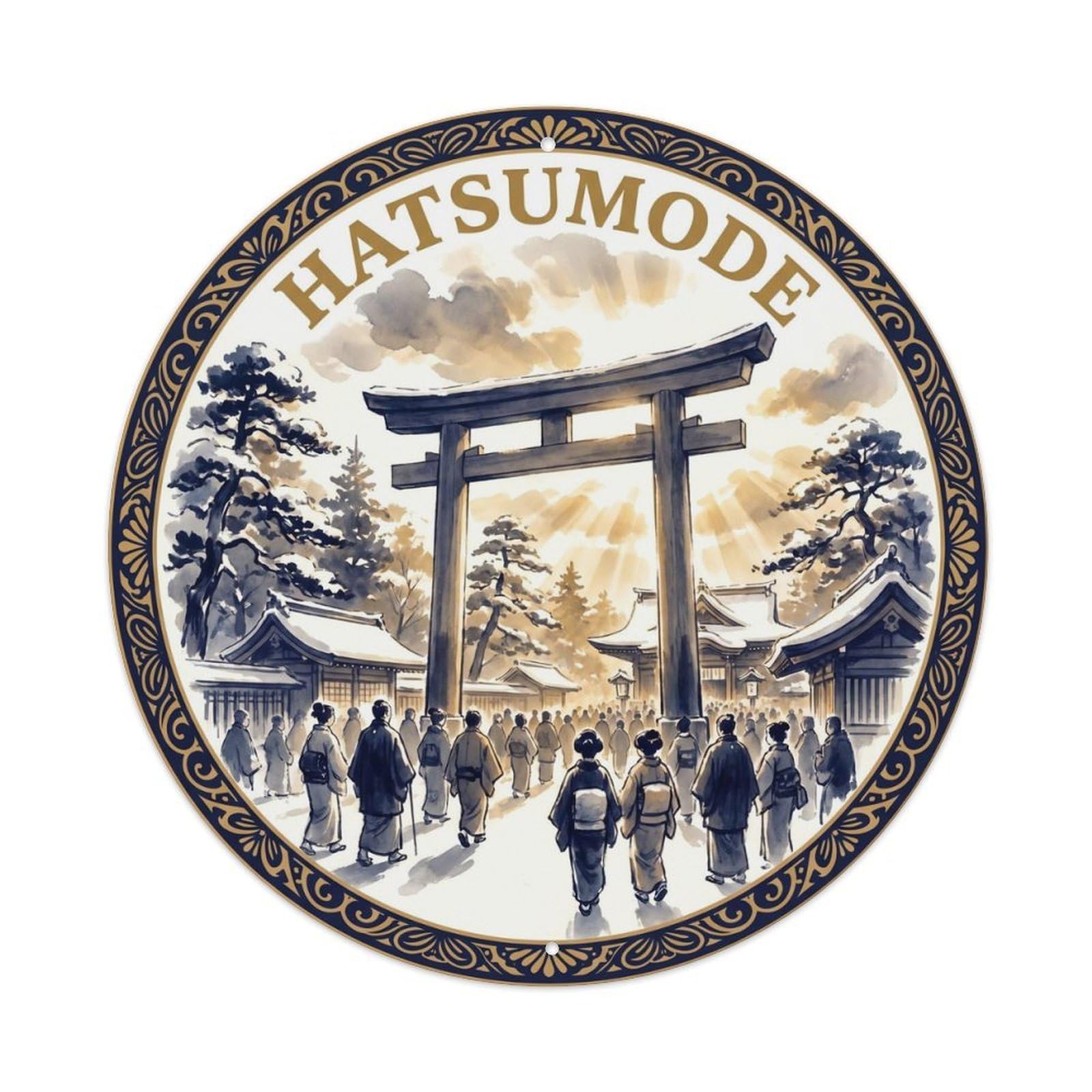 Olyhtr 8X8inch Classic Style Hatsumode New Year Shrine Ink Wash Indigo Gold Metal Tin Sign