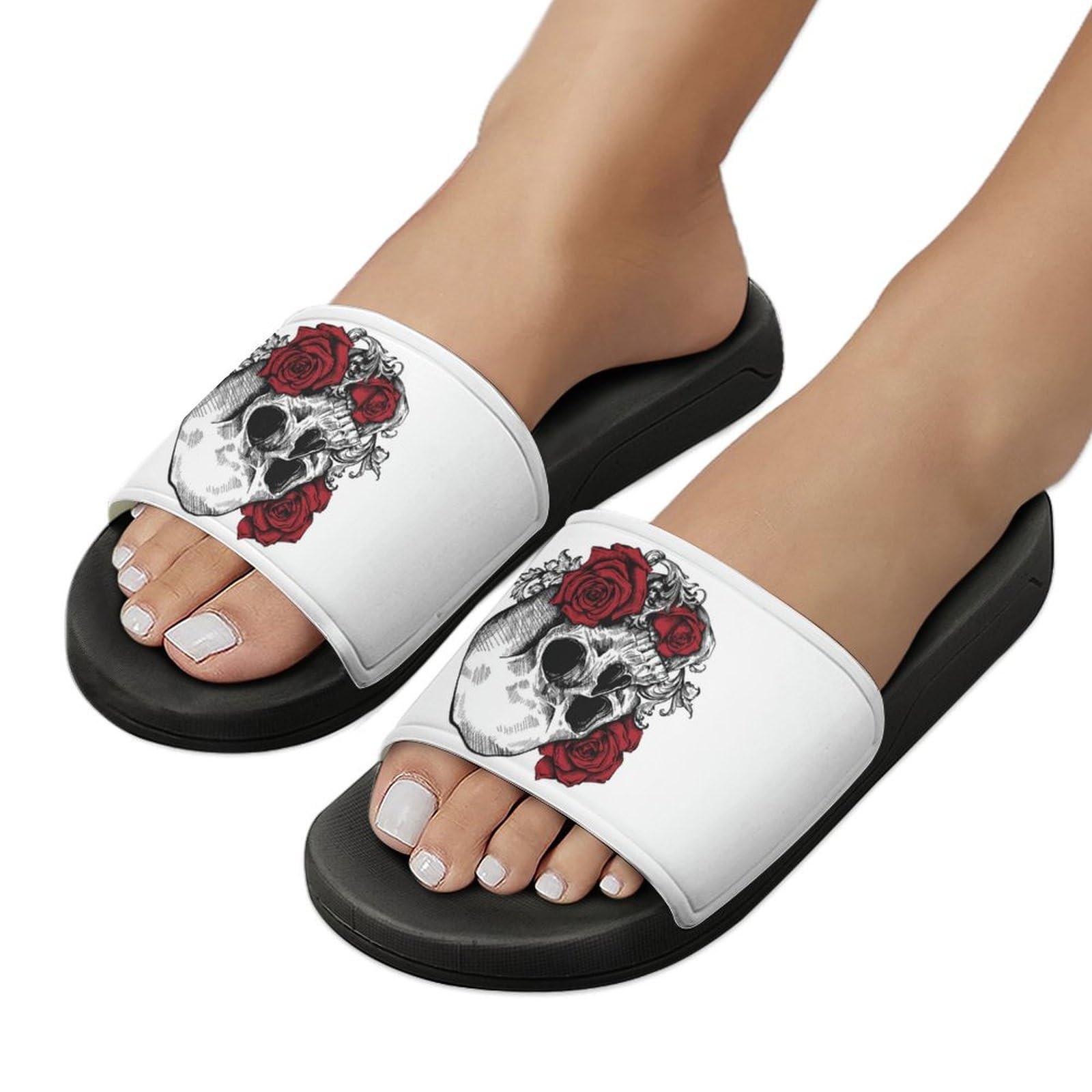 Ciabatte da doccia con teschio con rose, per uomo e donna, antiscivolo