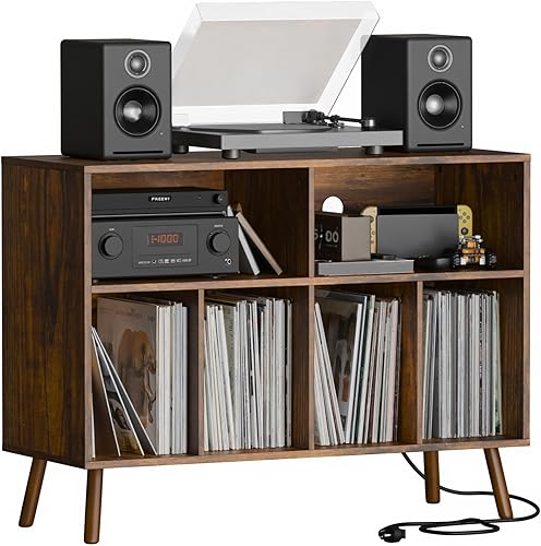 Vista 7 de Cozy Castle - Soporte para tocadiscos con gabinete de almacenamiento para vinilos, mesa de tocadiscos de madera con estante abierto, organizador