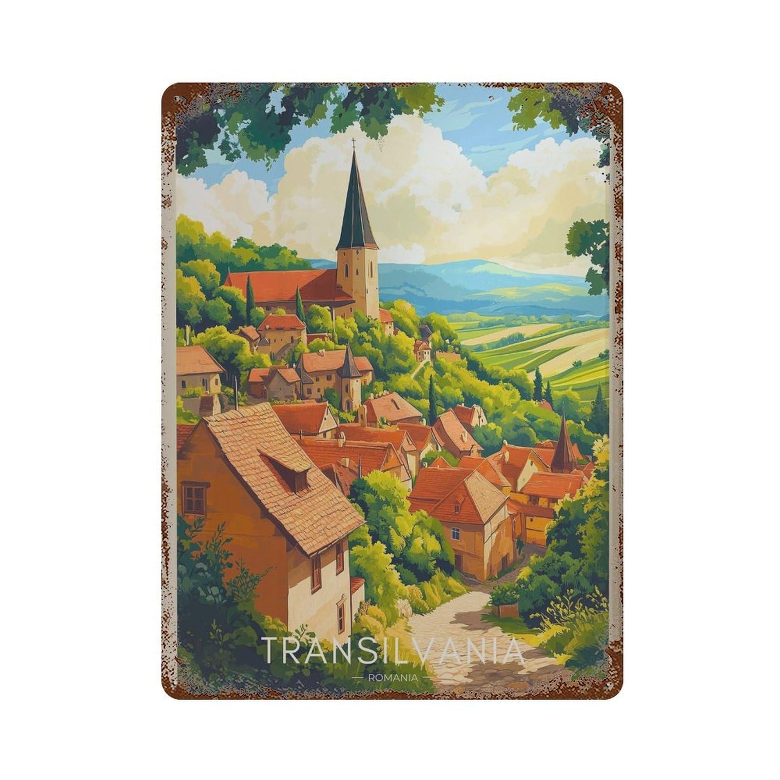 xiaoxiaoshen Transylvania Travel Romania Village Wall Decor Art Metal Tin Poster Modern Home Decor Art Home Bar Shop Decorations Vintage Sign 40x30cm